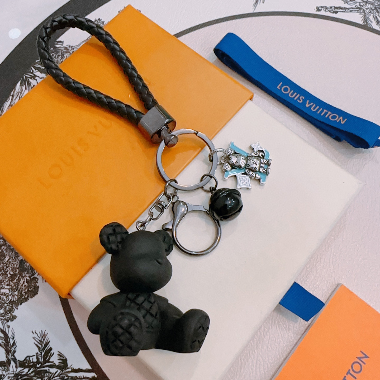 Louis Vuitton Black Teddy Bear Keychain – Braided Leather Strap