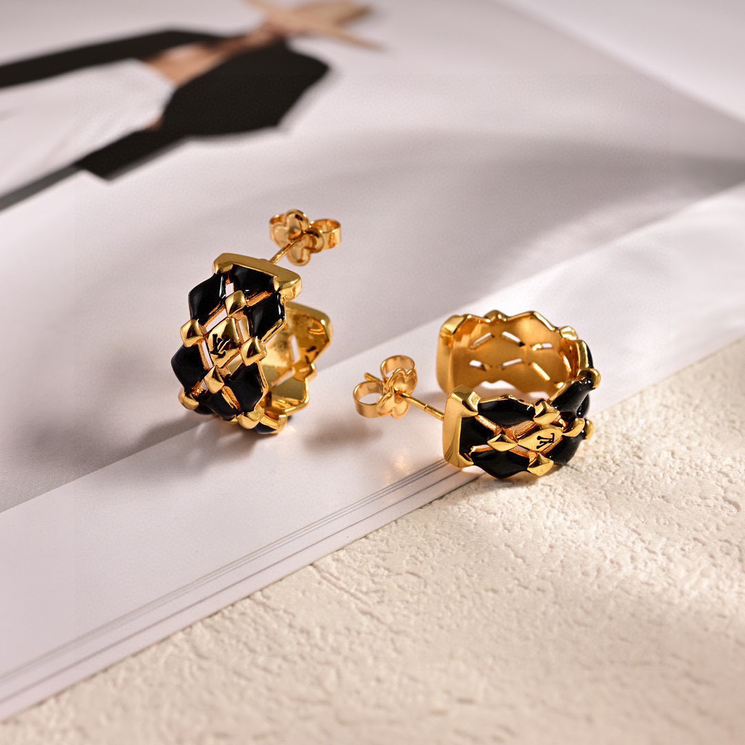 LV Gold & Black Enamel Hoop Earrings – Designer Chic