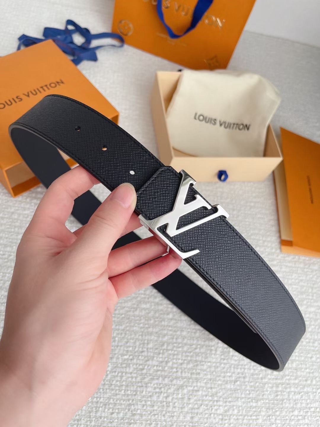 Louis Vuitton LV Initiales Black Leather Belt with Silver Buckle