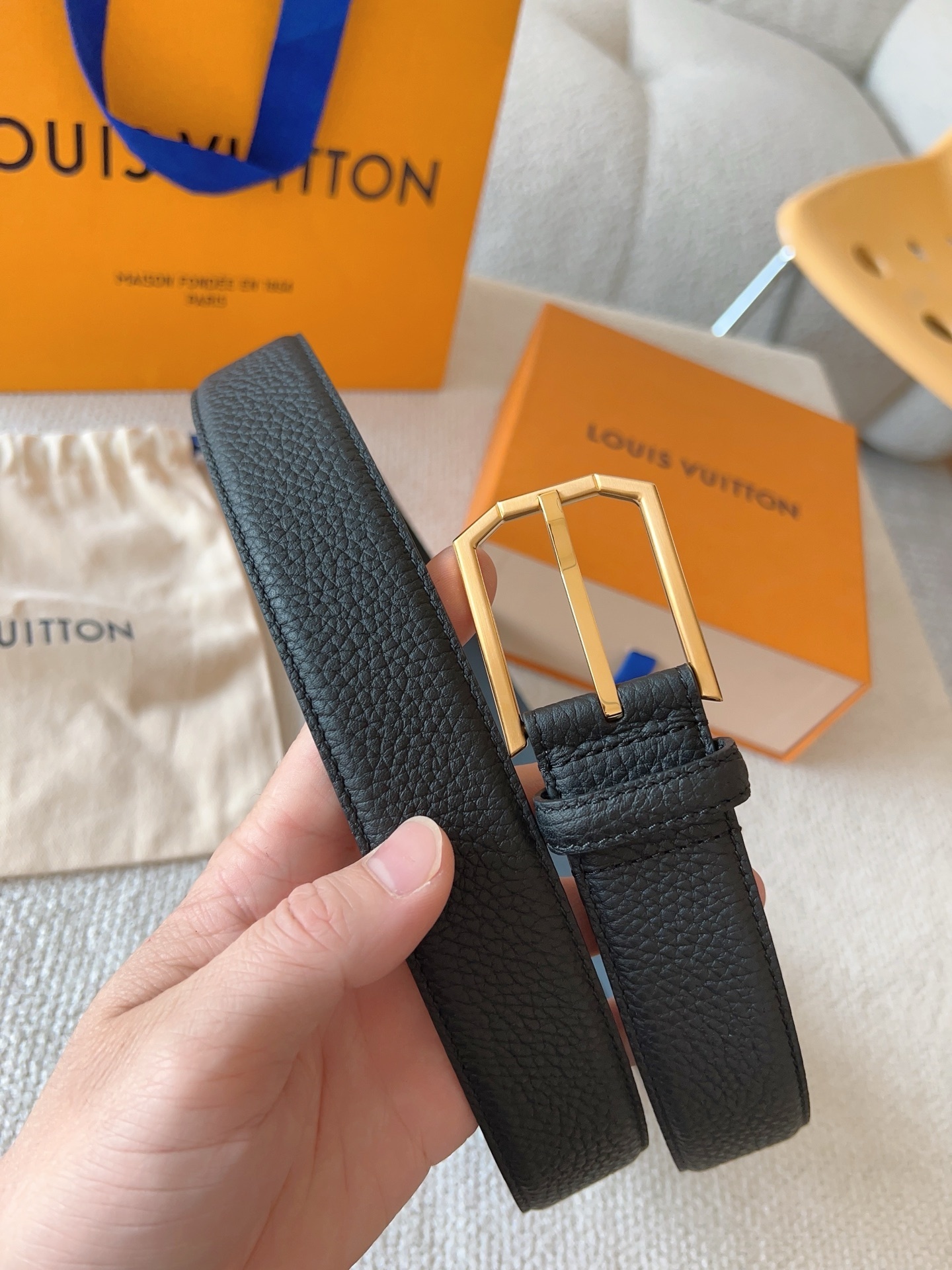 Louis Vuitton Black Taurillon Leather Belt with Gold Buckle