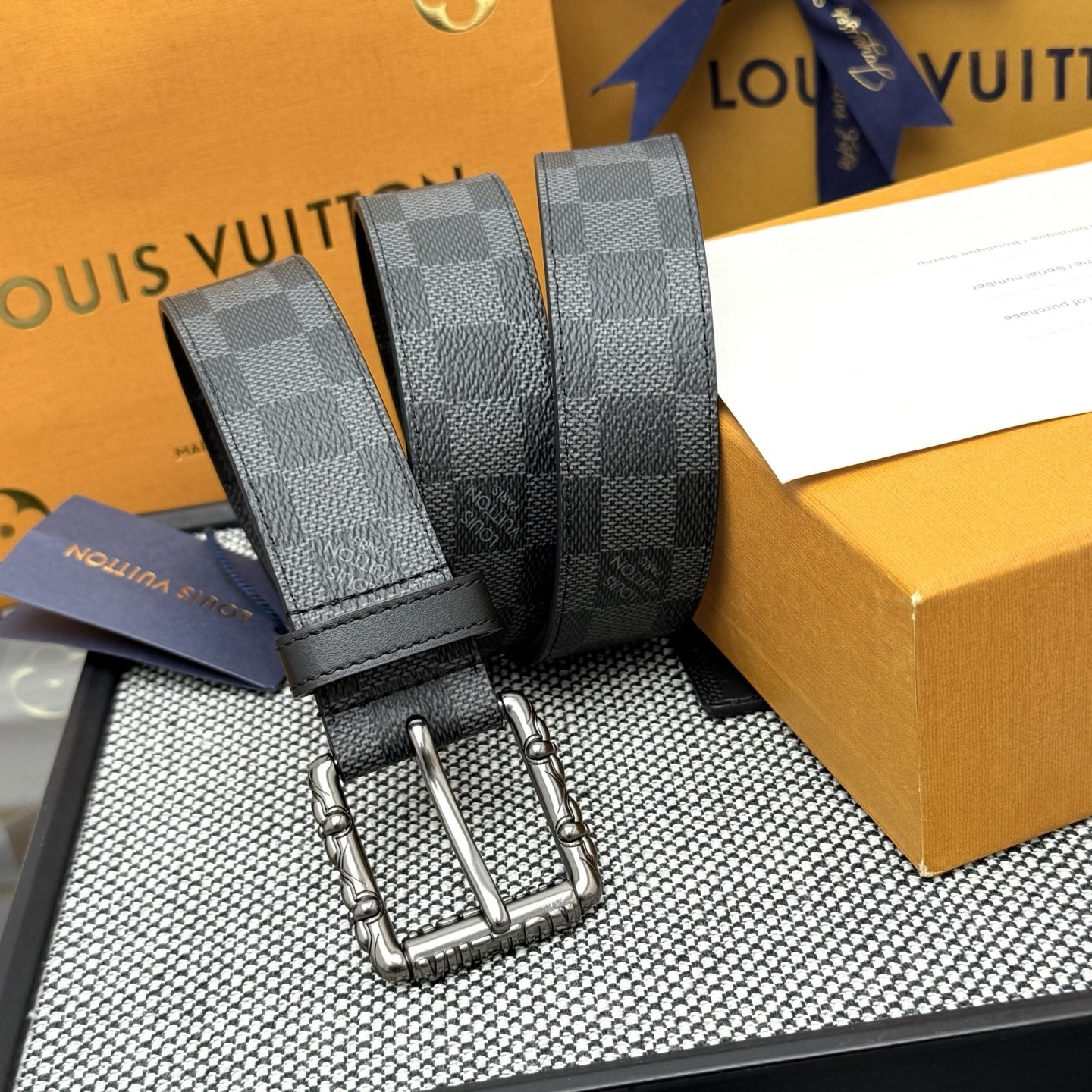 Louis Vuitton Damier Graphite Belt with Ornate Silver Buckle