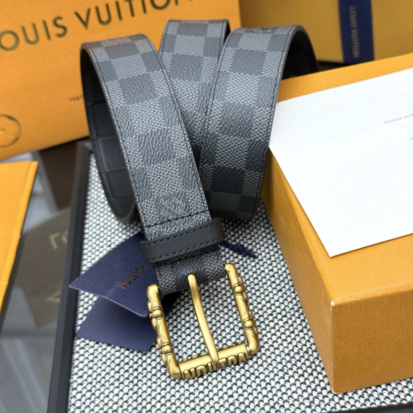 Louis Vuitton Damier Graphite Canvas Belt with Vintage Gold Buckle