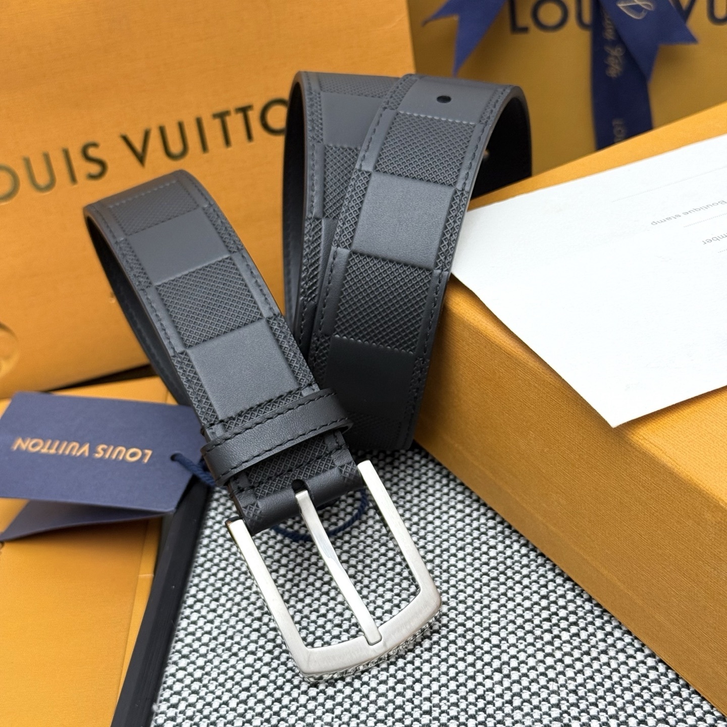 Louis Vuitton Damier Pattern Black Leather Men's Belt - Silver Buckle