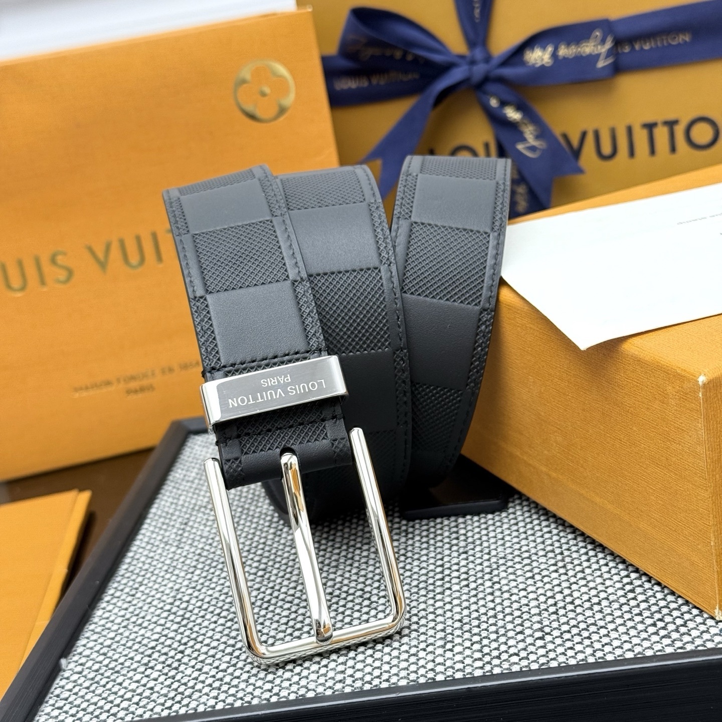 Louis Vuitton Damier Infini Black Leather Belt with Silver Buckle