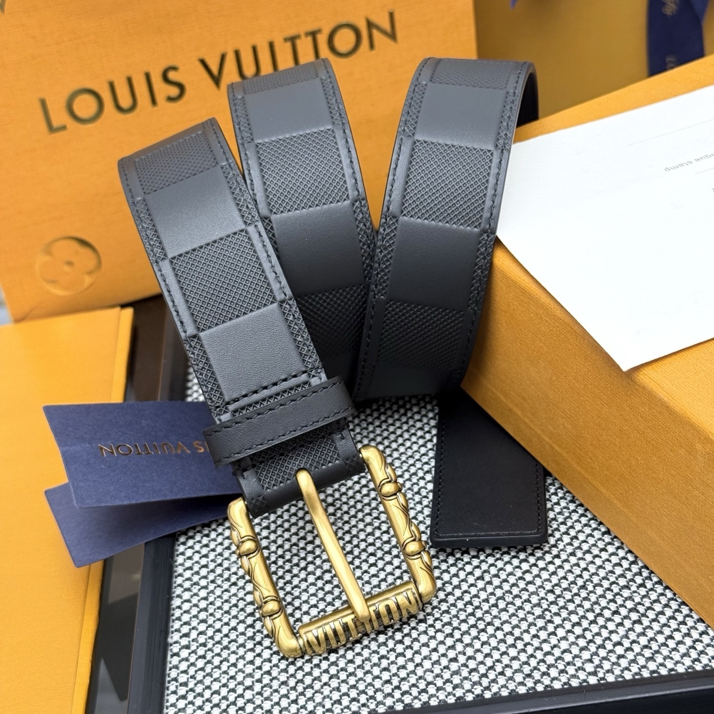 Louis Vuitton Damier Infini Leather Belt - Ornate Antique Gold Buckle