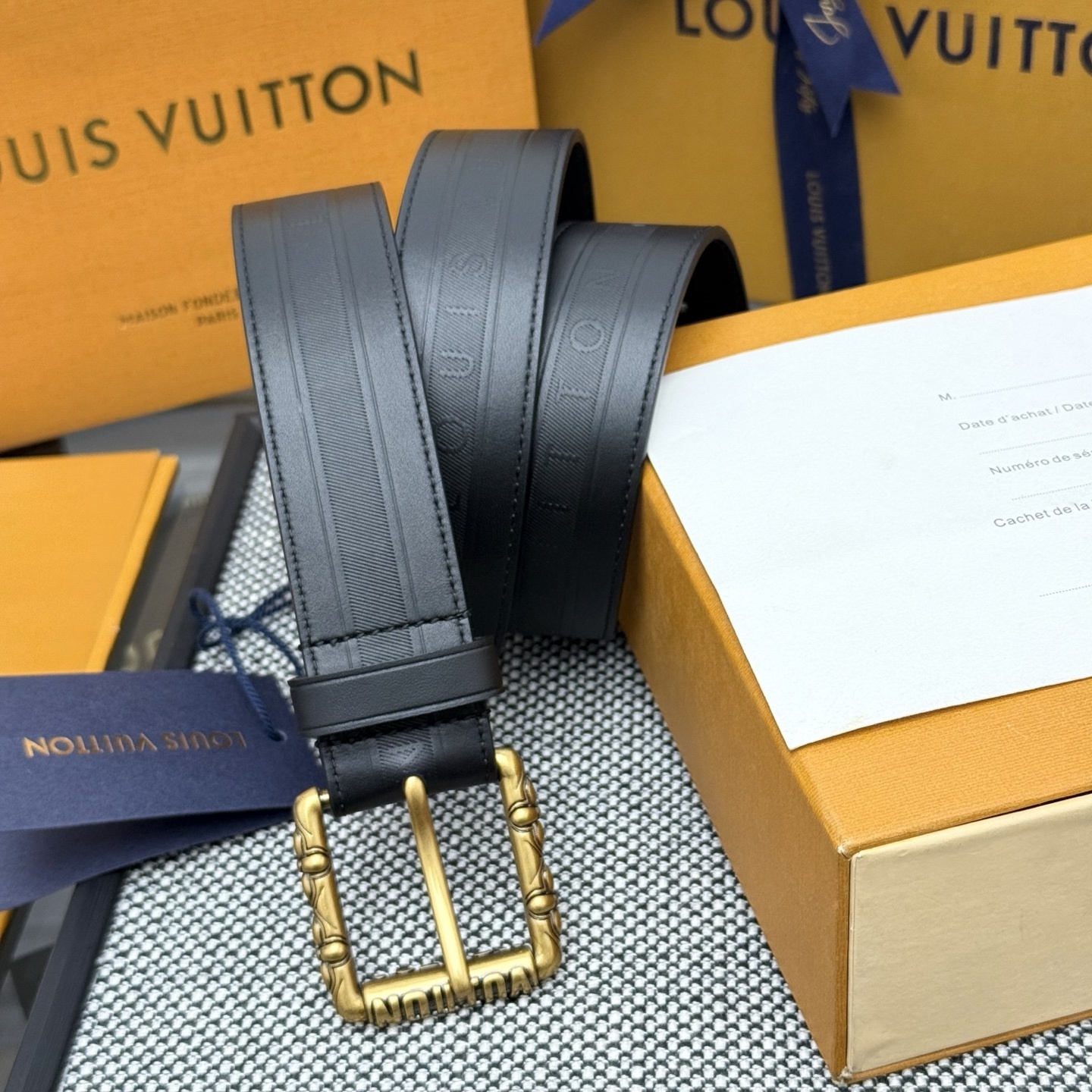 Louis Vuitton Men's Black Leather Belt with Ornate Gold Buckle