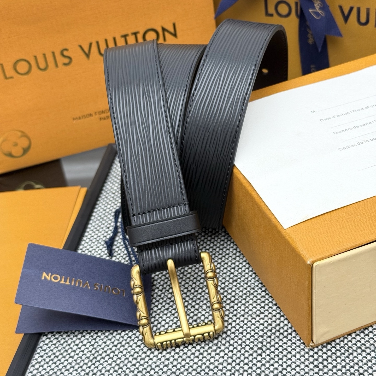 Louis Vuitton Epi Leather Belt Black with Ornate Antique Gold Buckle
