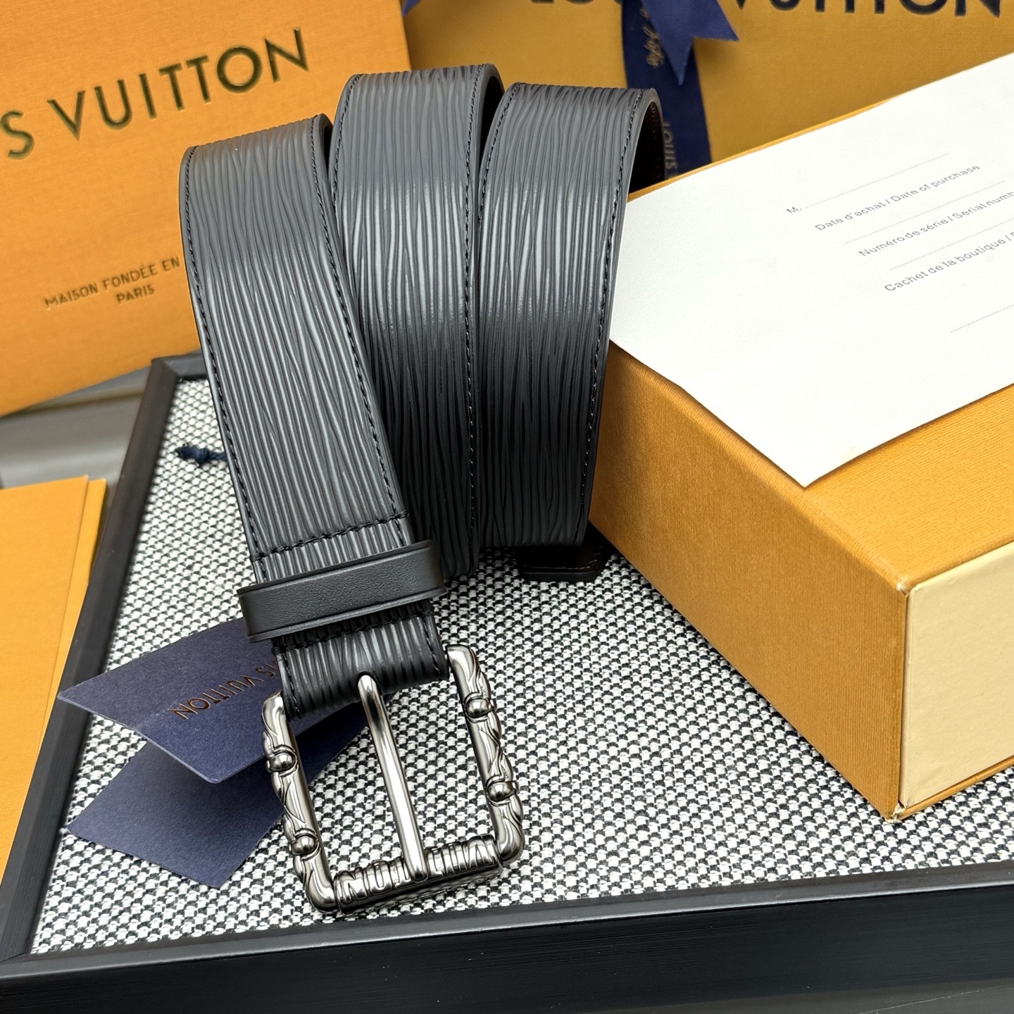 Louis Vuitton Black Epi Leather Belt with Engraved Silver Buckle