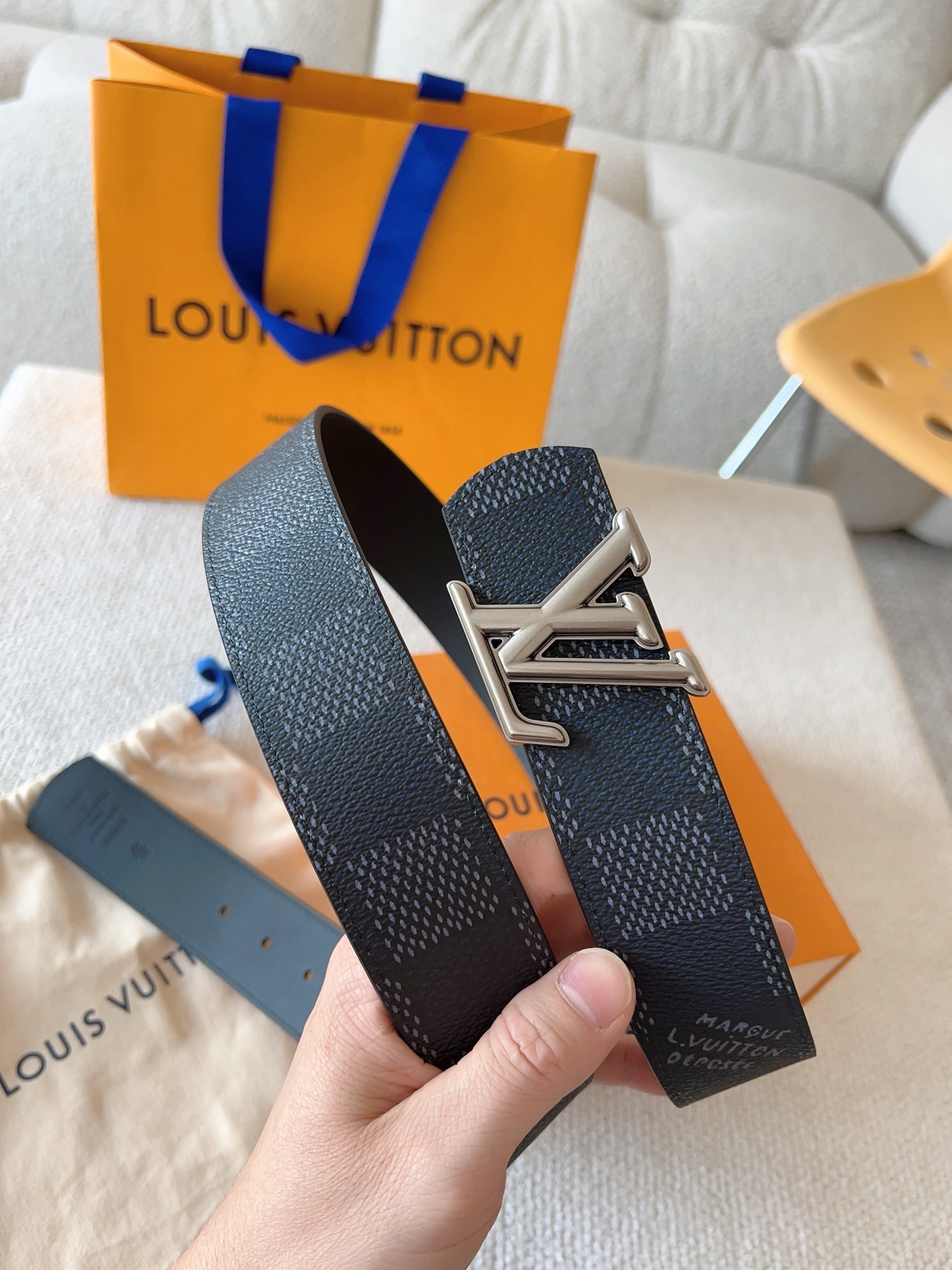 Louis Vuitton LV Initials Damier Graphite Men's Belt - Silver Buckle