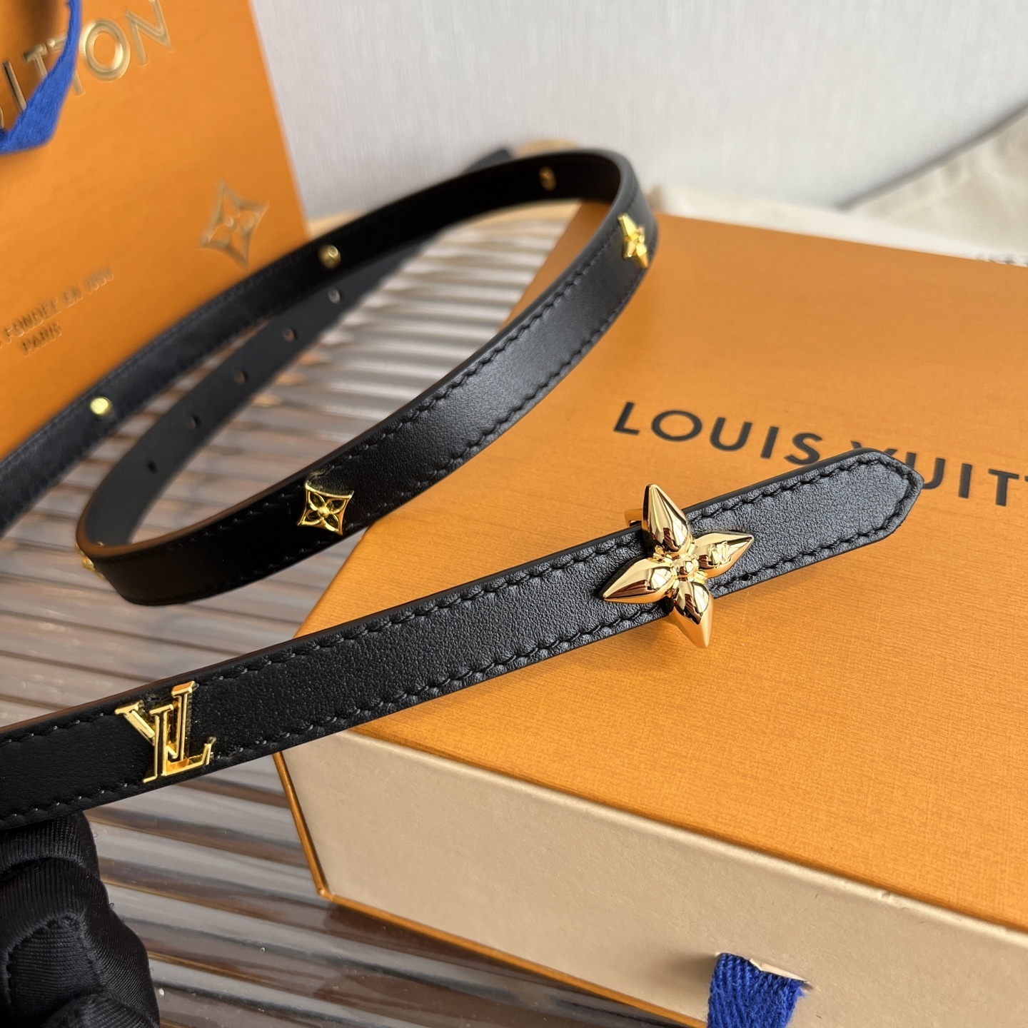 Louis Vuitton Thin Black Leather Belt with Gold Monogram Flower Studs