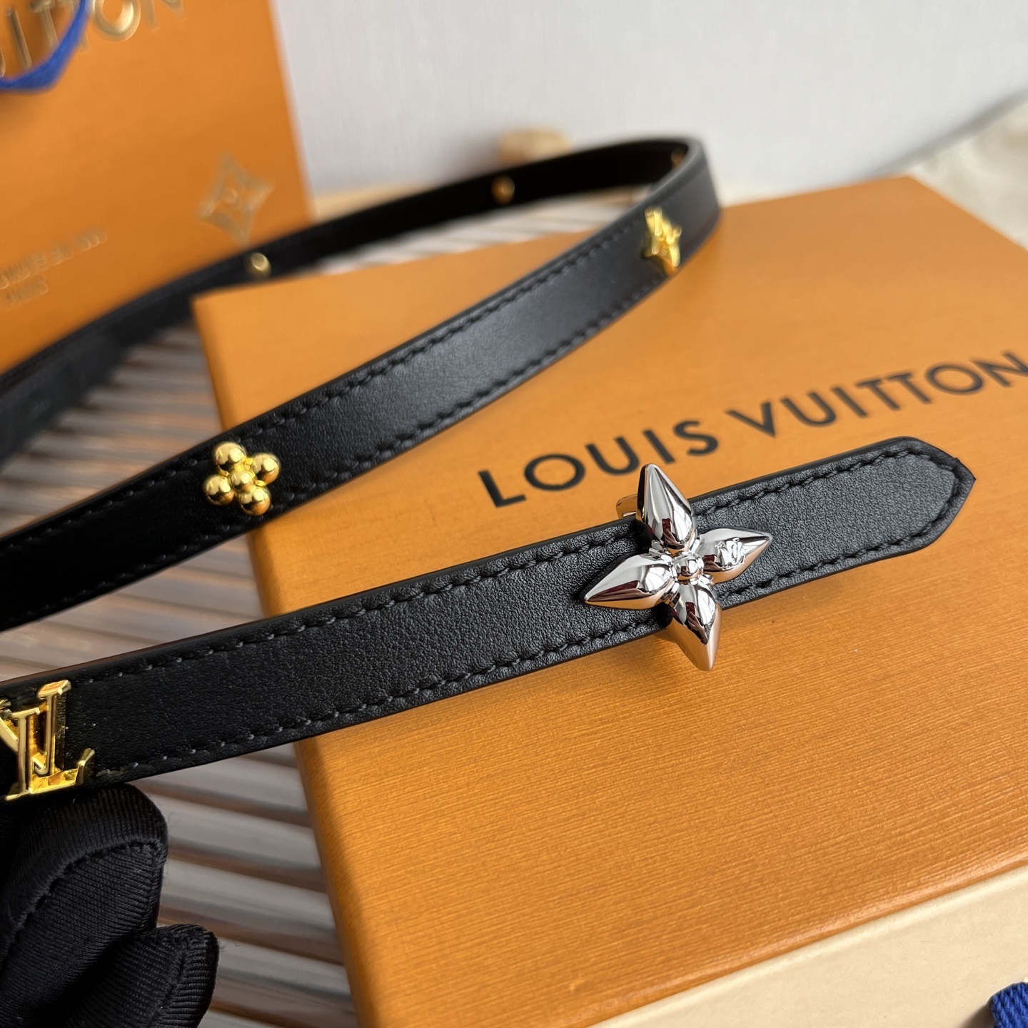 LV Women's Black Leather Thin Belt with Monogram Flower Charms