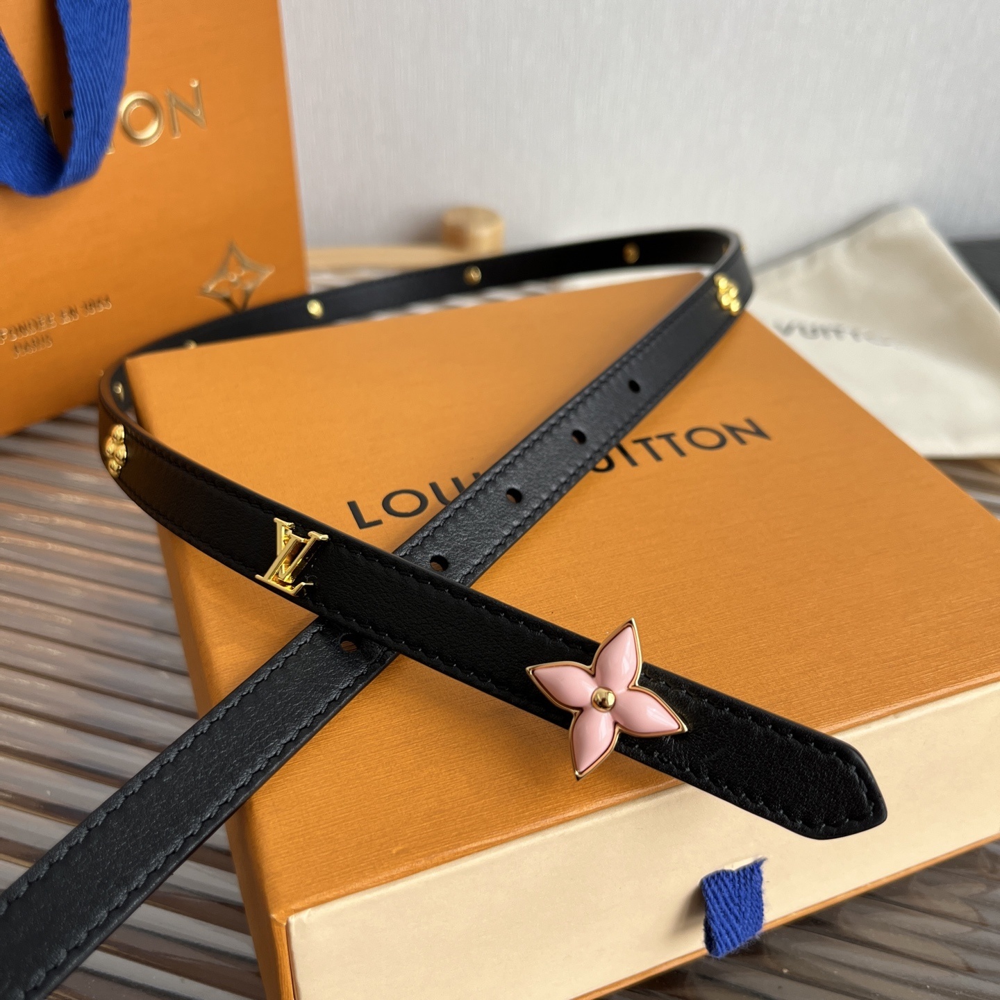 Louis Vuitton Slim Leather Belt with Pink Monogram Flower Charm