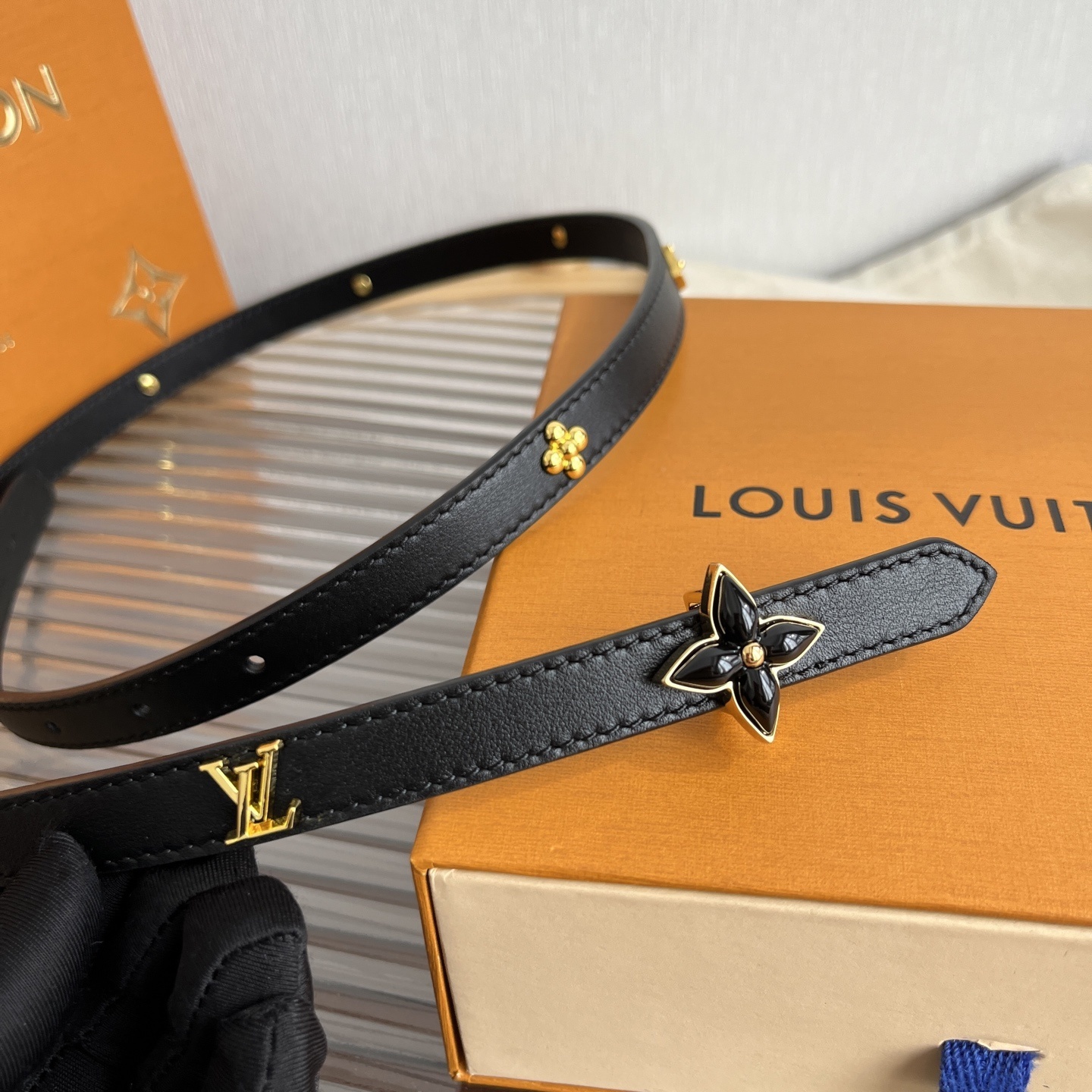 Louis Vuitton Black Leather Slim Belt with Gold Blossom Details