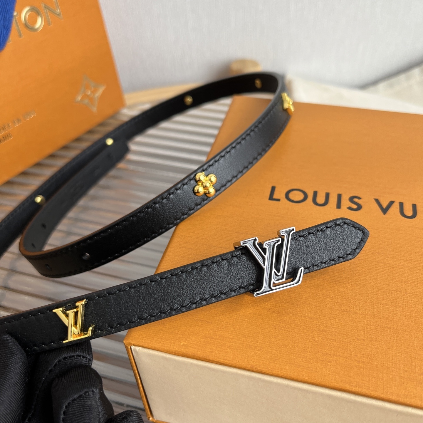 Louis Vuitton Thin Black Leather Belt with Monogram Flower Studs