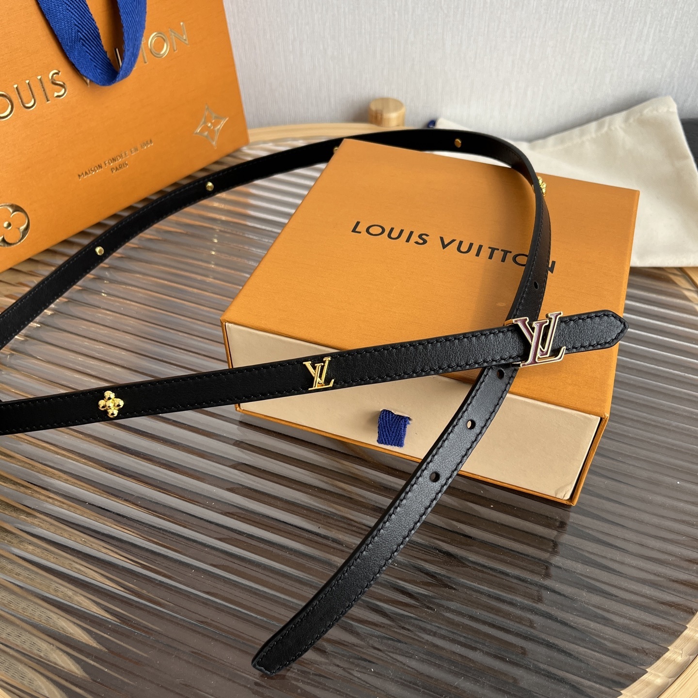 Louis Vuitton Women's Slim Black Leather Belt with Gold LV Initials