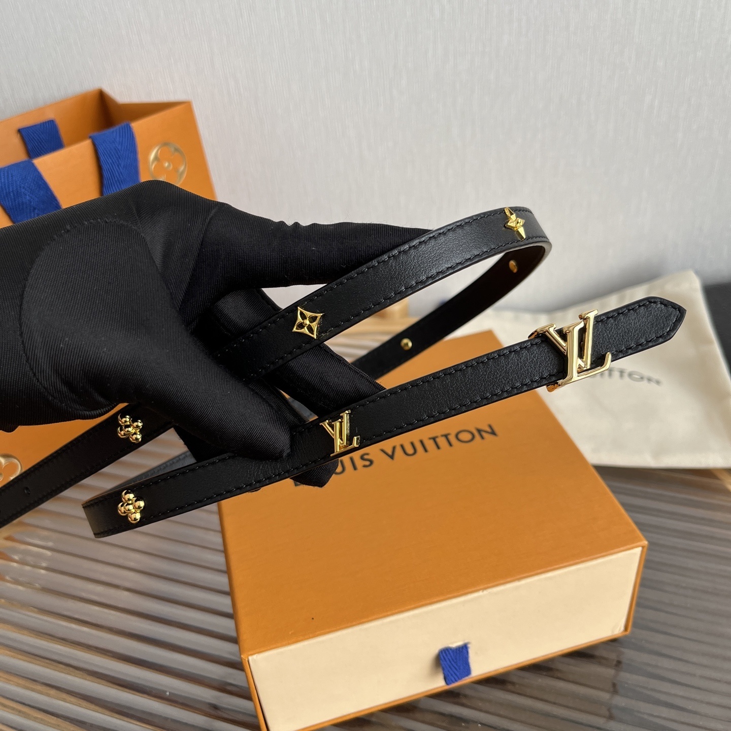 Louis Vuitton Thin Black Leather Belt with Gold LV Logo & Studs