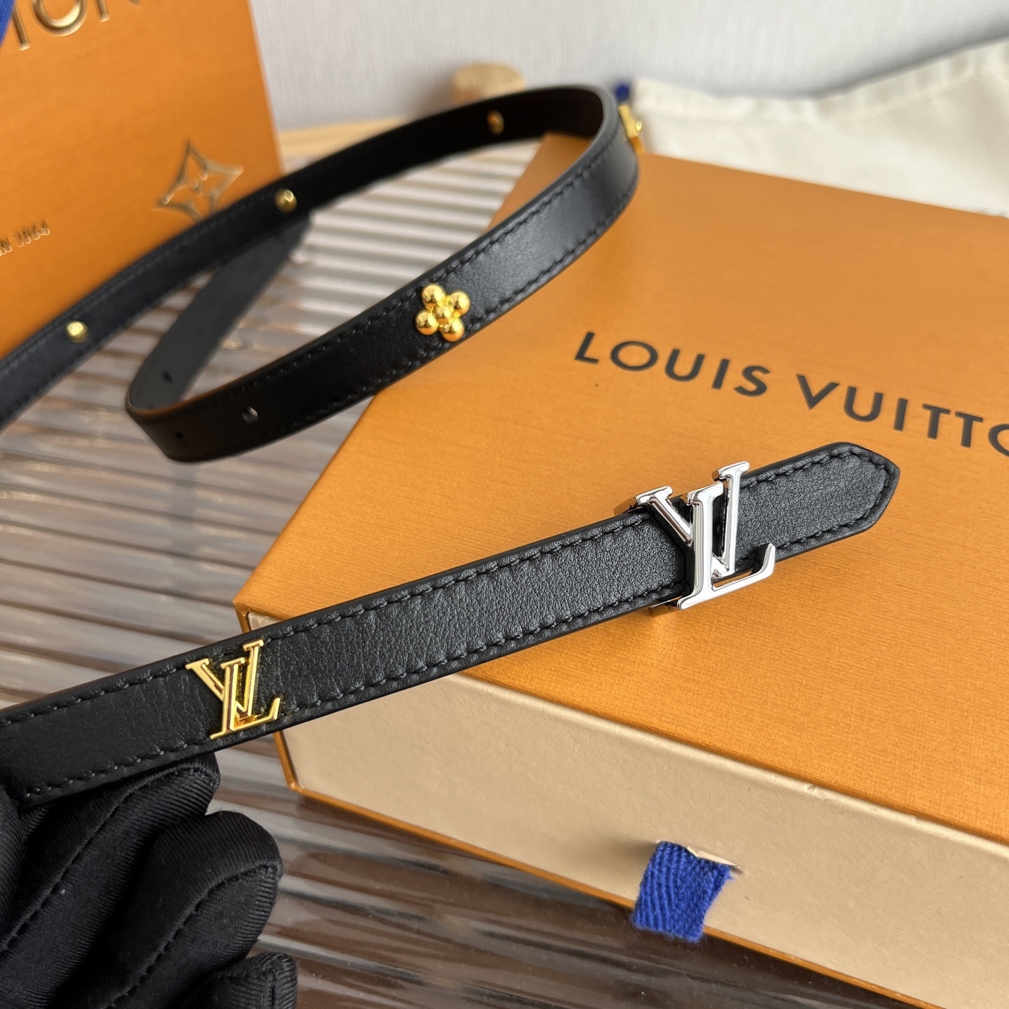 Louis Vuitton Thin Black Leather Belt with Mixed Metal LV Buckle