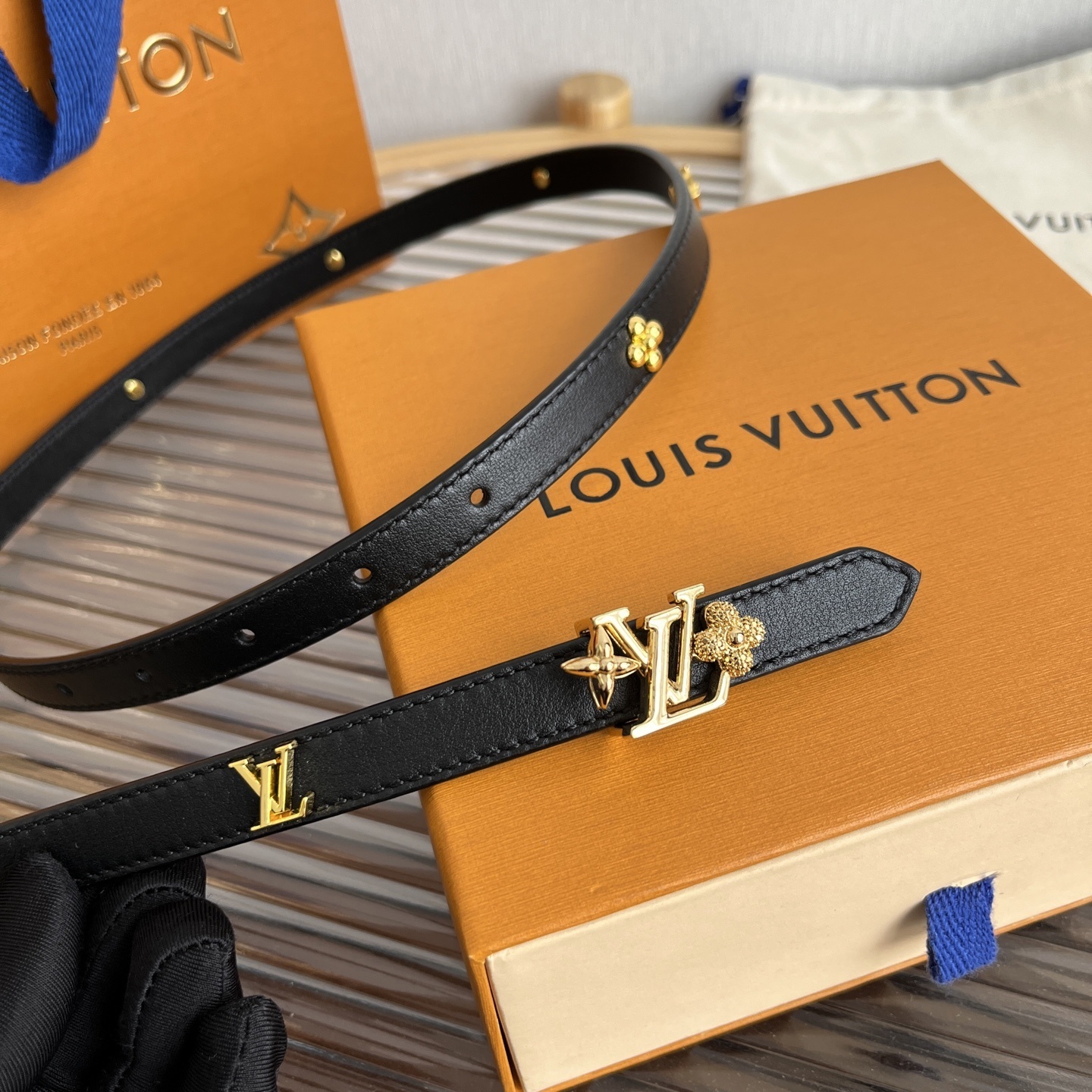 Louis Vuitton Thin Black Leather Belt - Gold Monogram Flower Studs