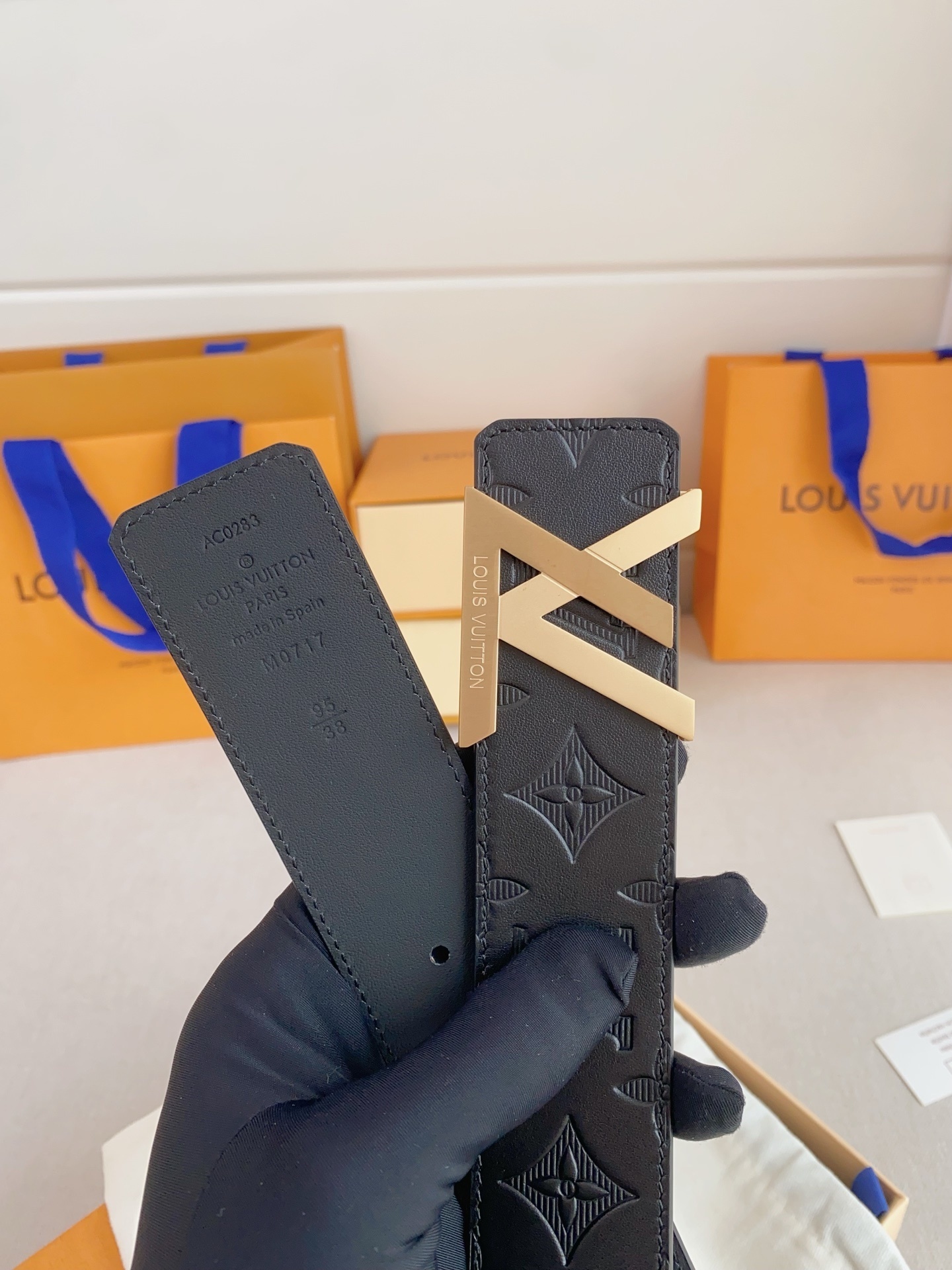 Louis Vuitton Men's Monogram Embossed Leather Belt with Gold Buckle