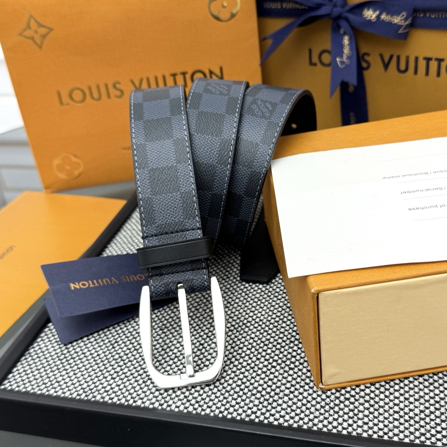 Louis Vuitton Damier Graphite Men's Belt with Silver Buckle