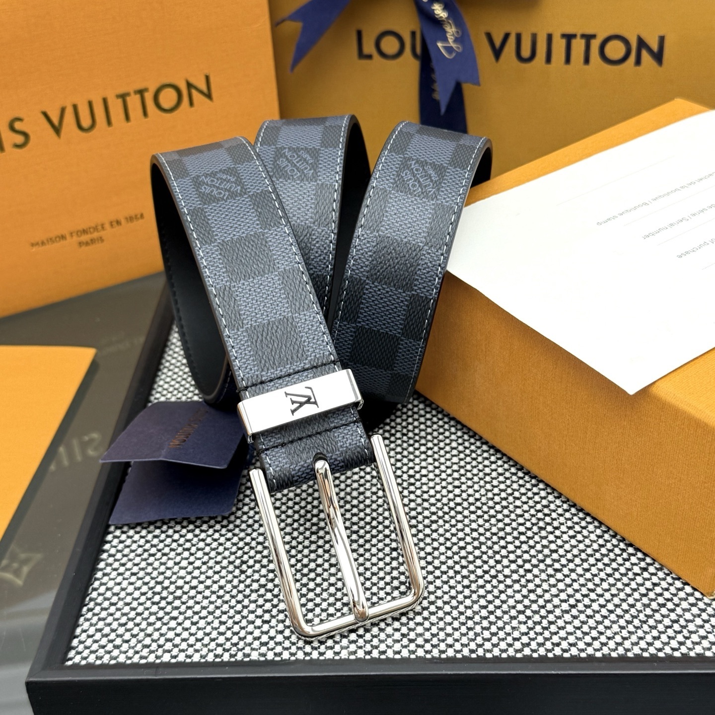 Louis Vuitton Men's Damier Cobalt Canvas Belt with Silver Buckle