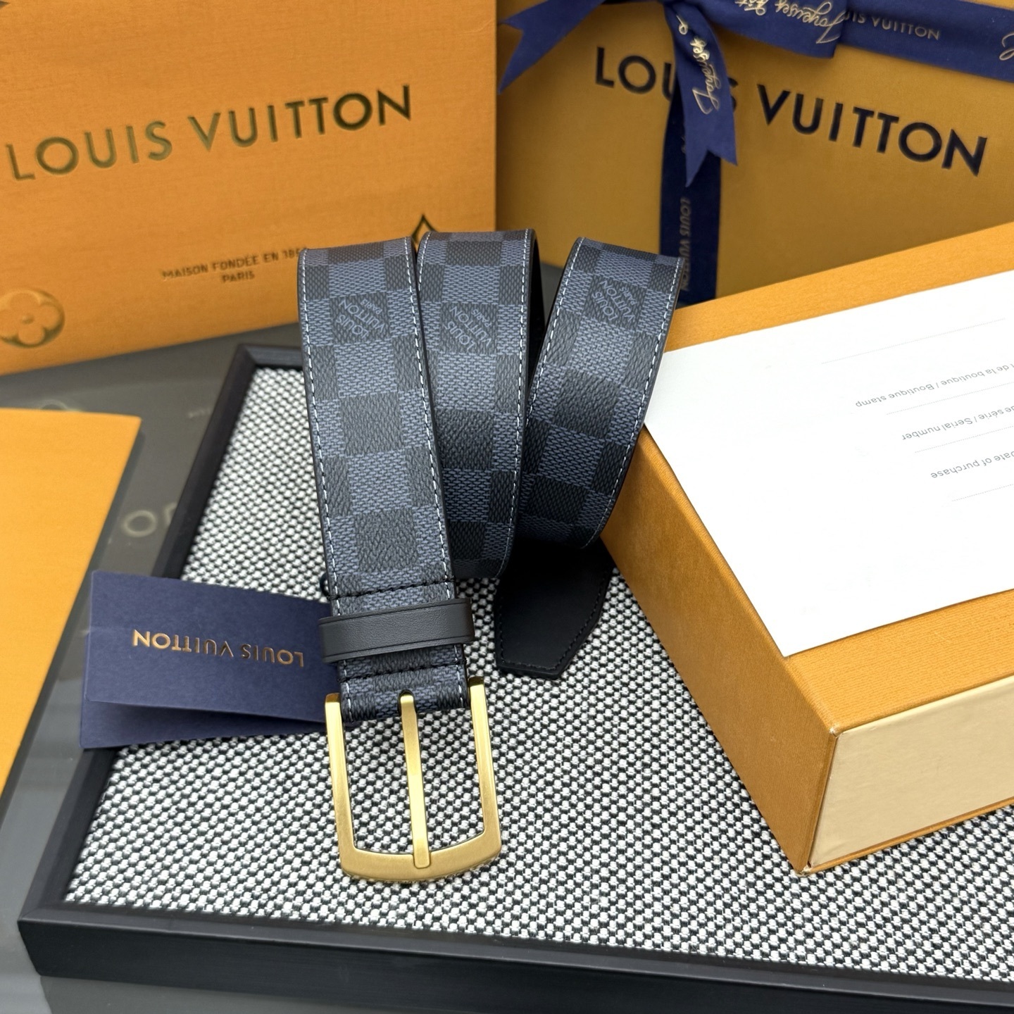 Louis Vuitton Men's Damier Cobalt Belt with Gold Buckle