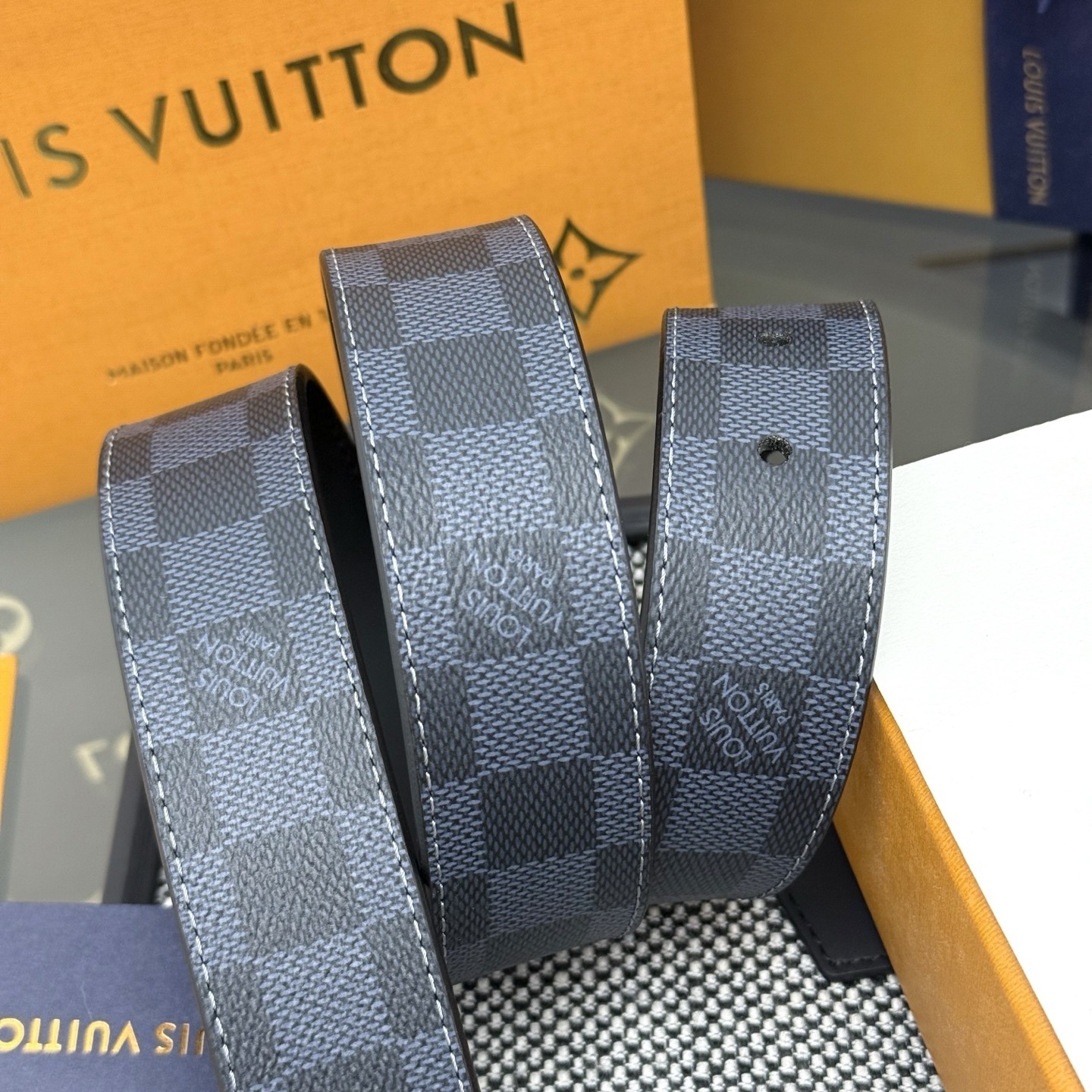 Louis Vuitton Damier Cobalt Canvas Men's Belt with Silver Buckle