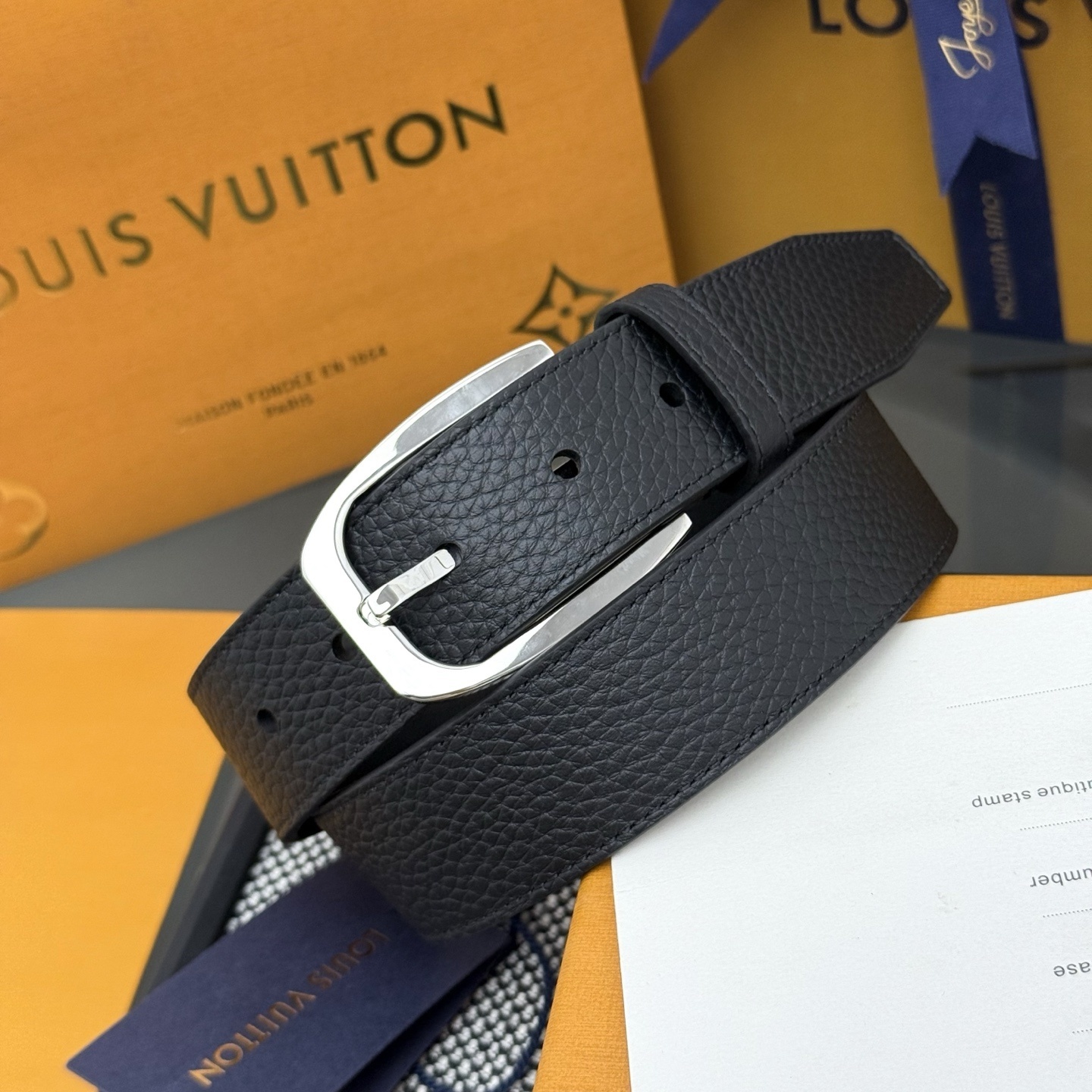 Louis Vuitton Men's Black Leather Belt with Silver Buckle