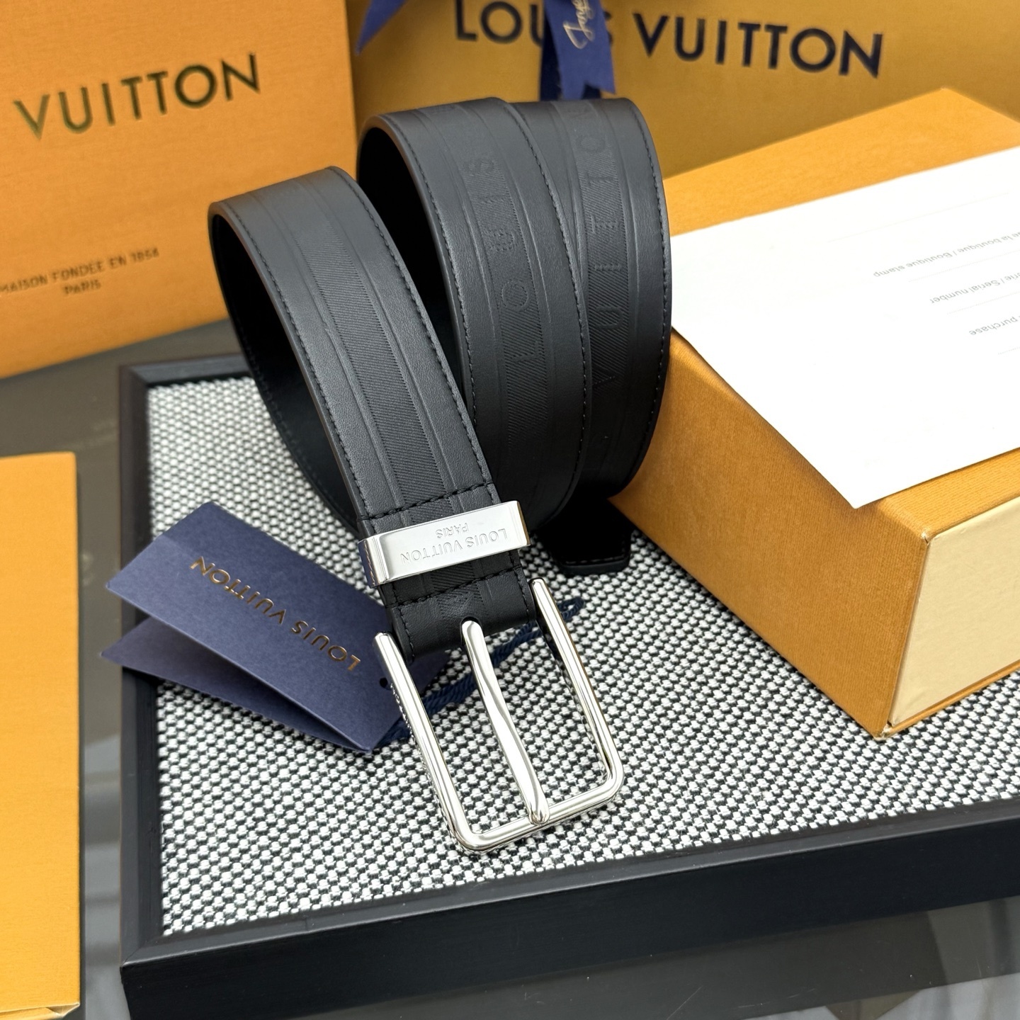 Louis Vuitton Men's Black Leather Belt with Silver Buckle