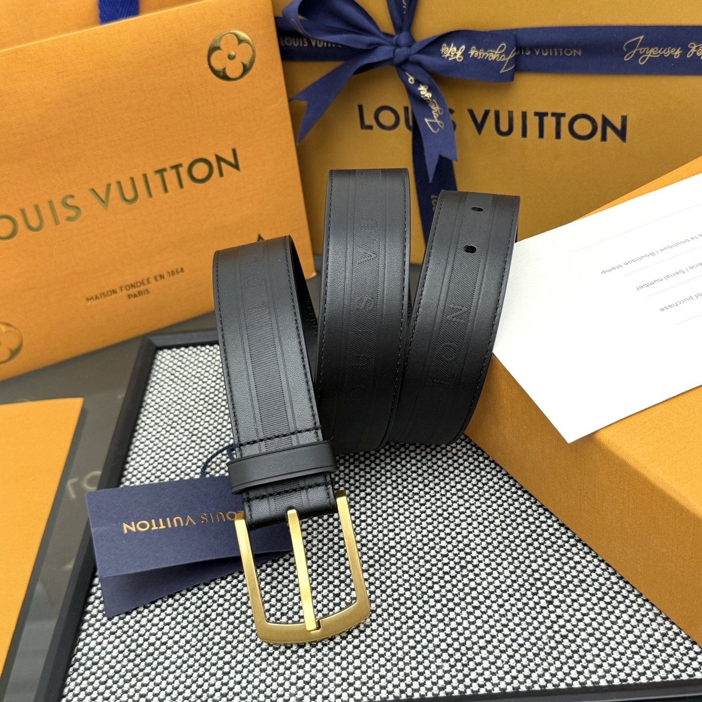 Louis Vuitton Men's Black Leather Belt with Gold-Tone Buckle