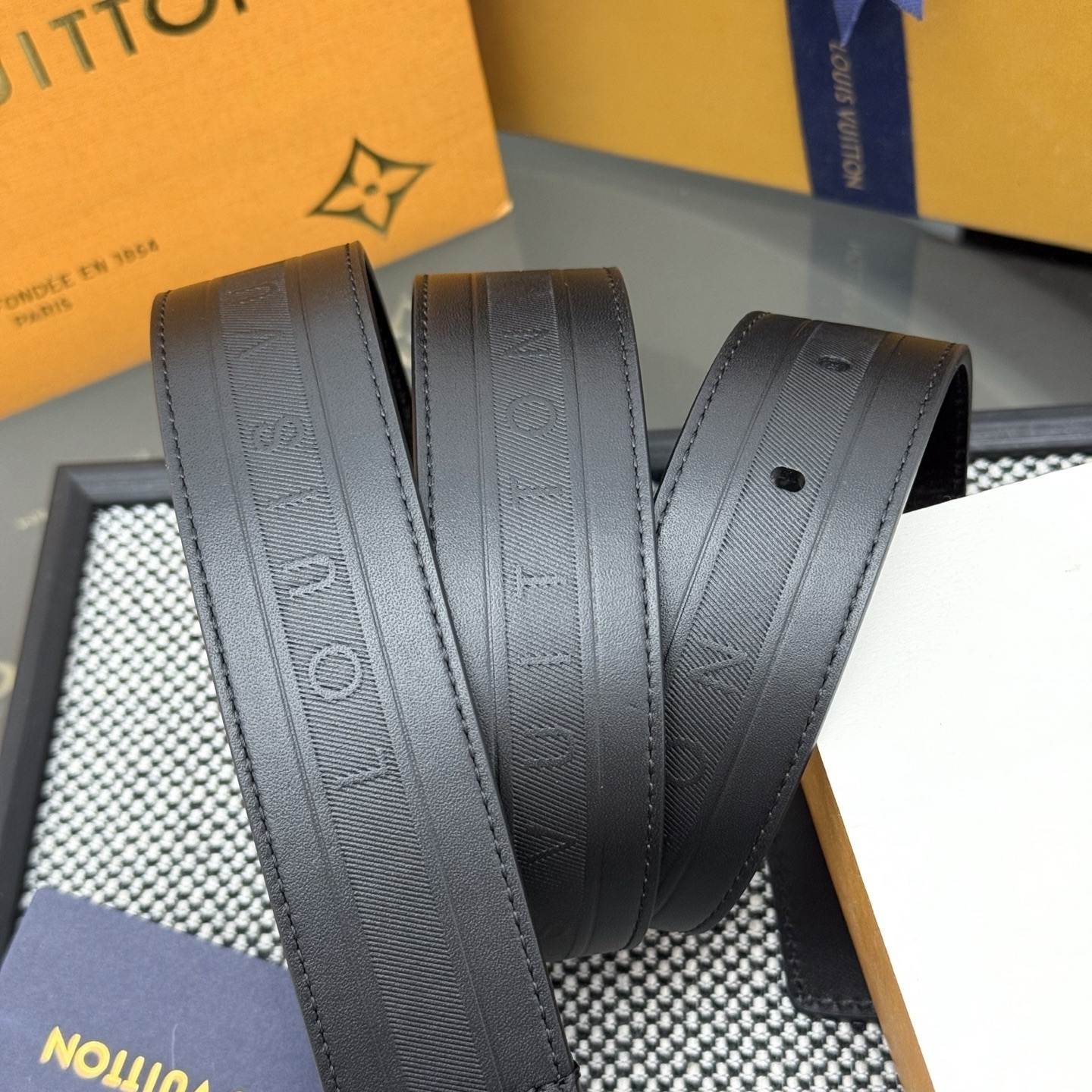 Louis Vuitton Men's Black Embossed Leather Belt with Pin Buckle