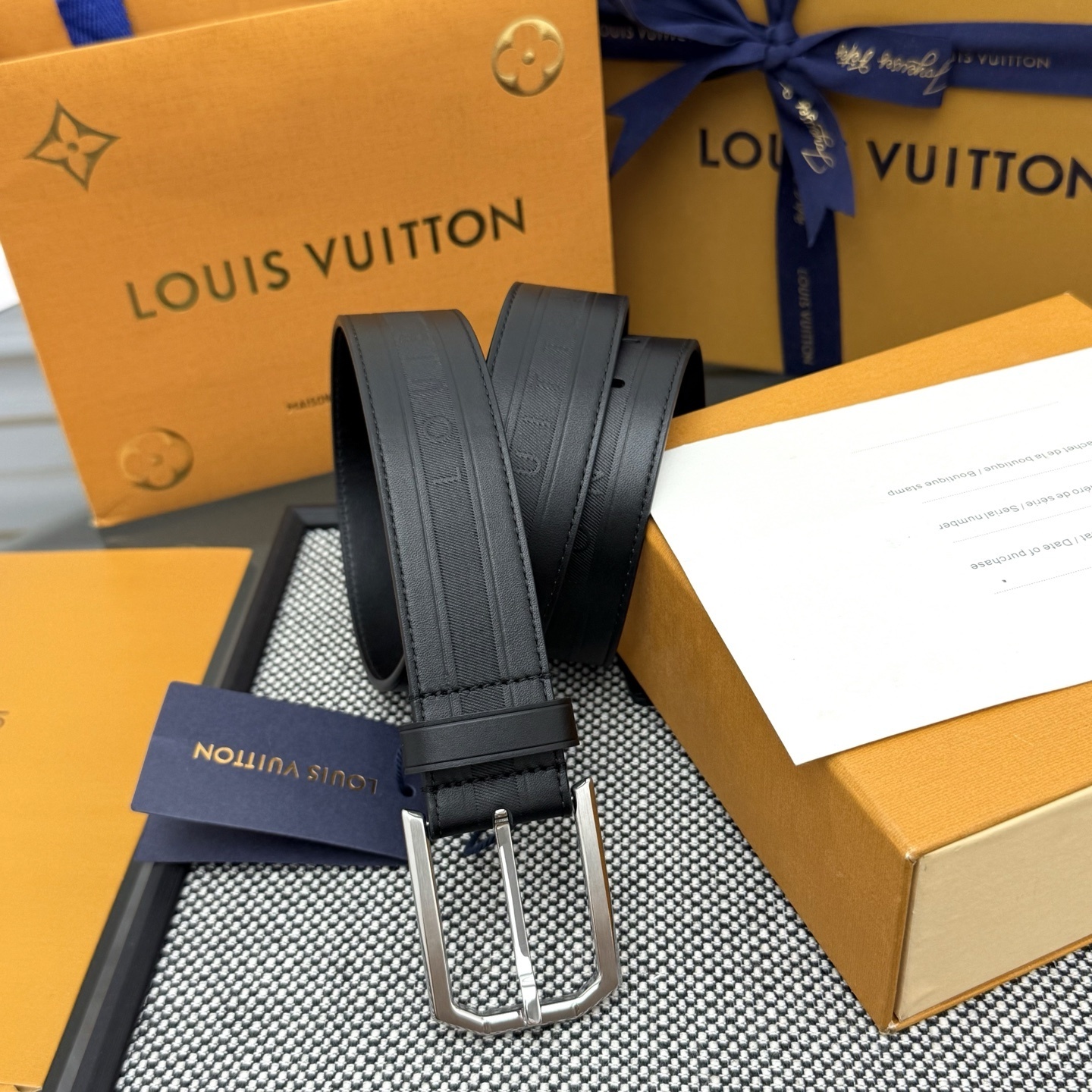 Louis Vuitton Men's Black Leather Belt with Silver Buckle