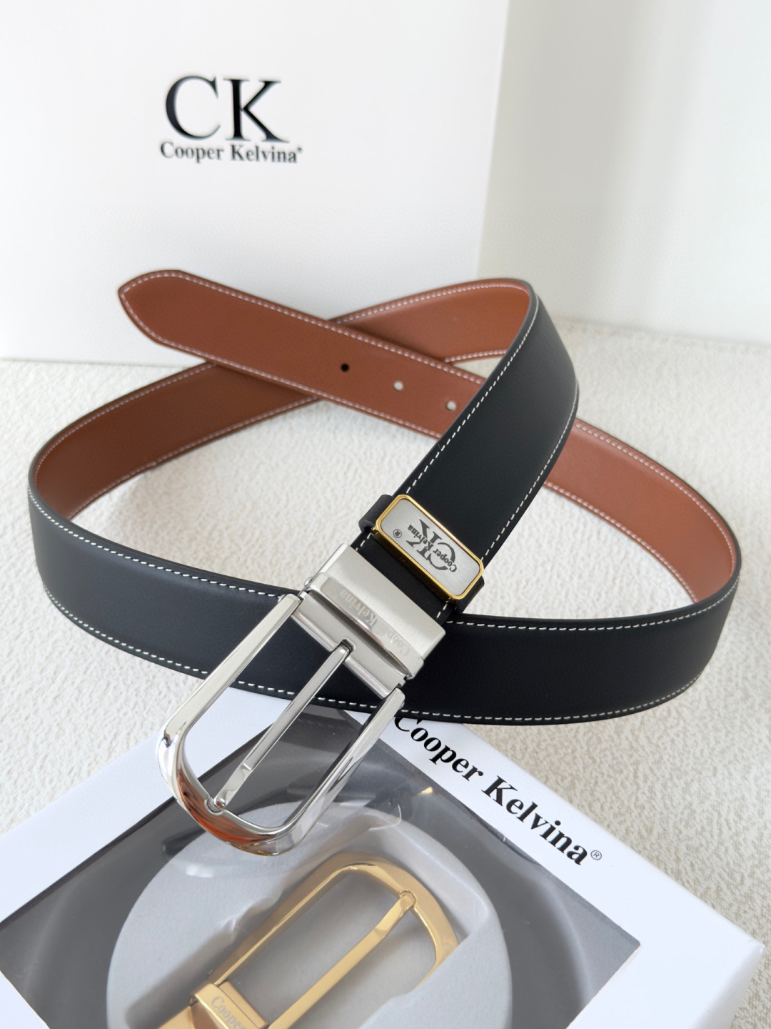 Cooper Kelvina Men's Reversible Leather Belt Set with 2 Buckles