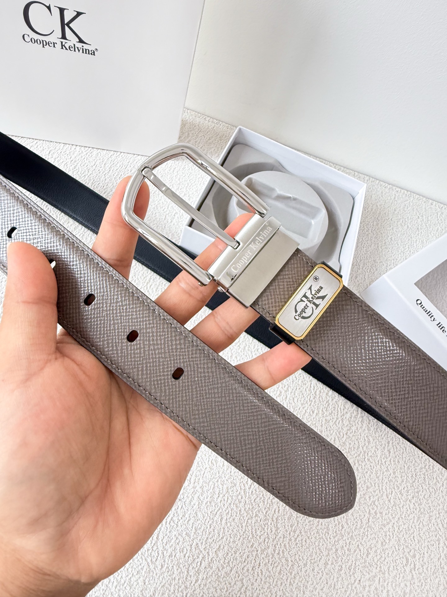 Cooper Kelvina Men's Genuine Textured Leather Belt - Grey/Black