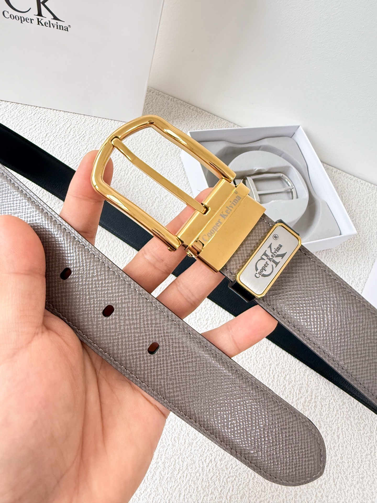 Cooper Kelvina Men's Premium Leather Belt with Gold Pin Buckle - Gray