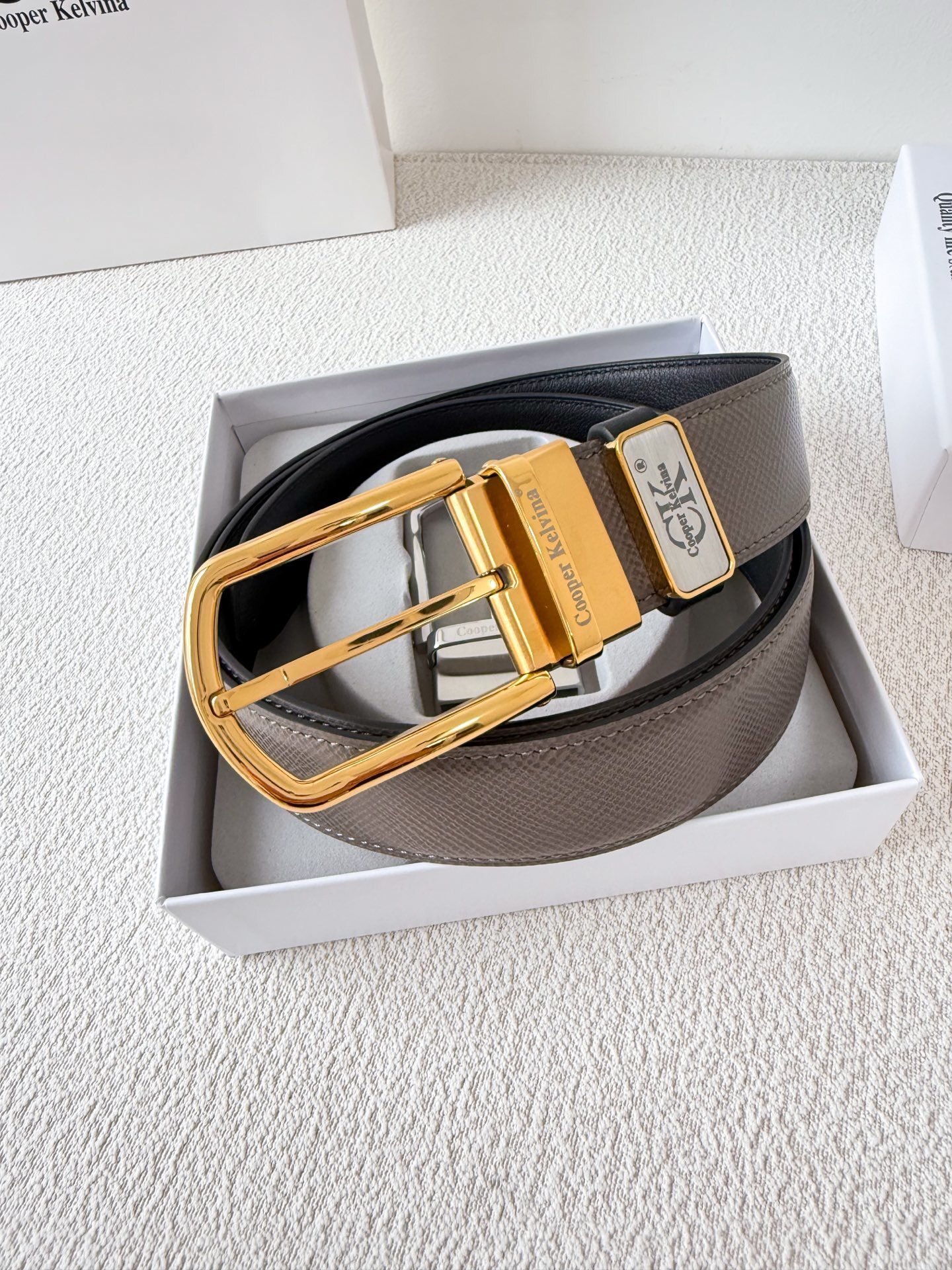 Cooper Kelvina Men's Textured Leather Belt - Silver Buckle, Taupe