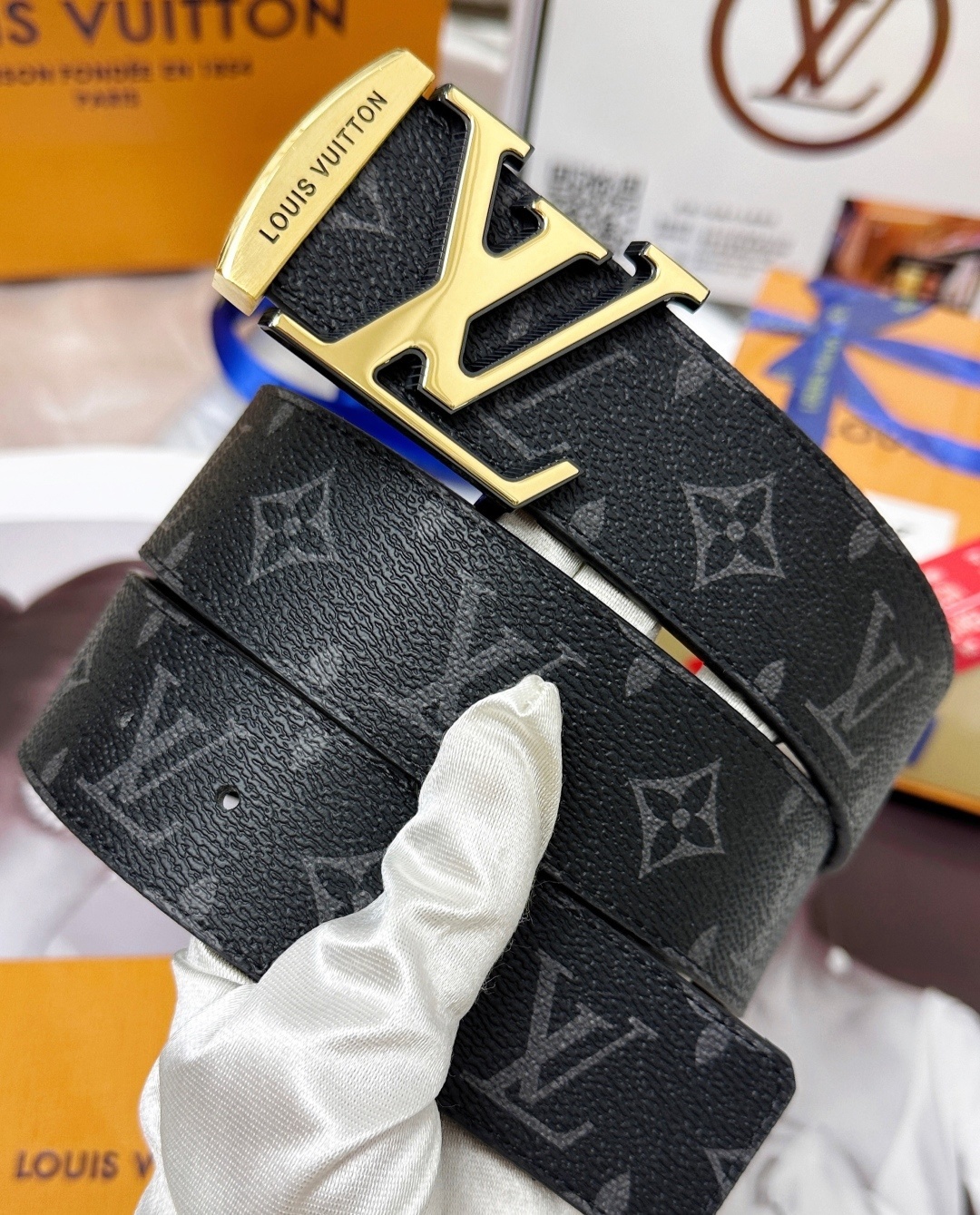 Louis Vuitton LV Initiales Monogram Eclipse Belt - Gold Hardware