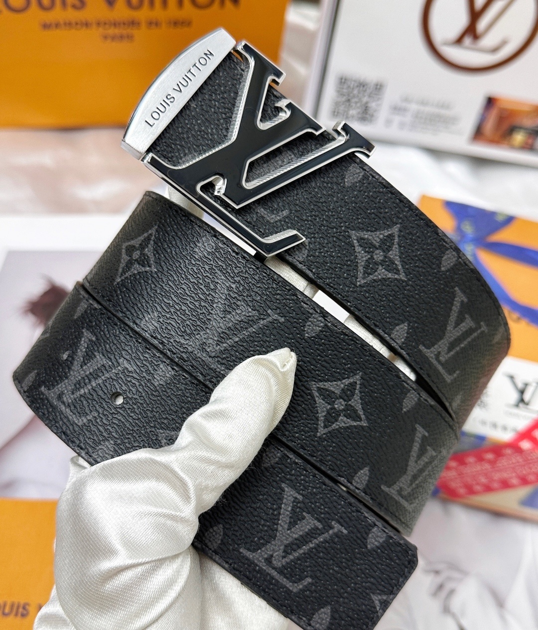 Louis Vuitton Monogram Eclipse Belt with Silver LV Initial Buckle