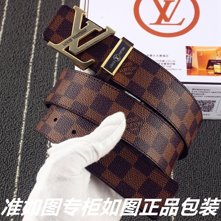 Luxury Louis Vuitton Damier Ebene Belt with Gold LV Initials Buckle