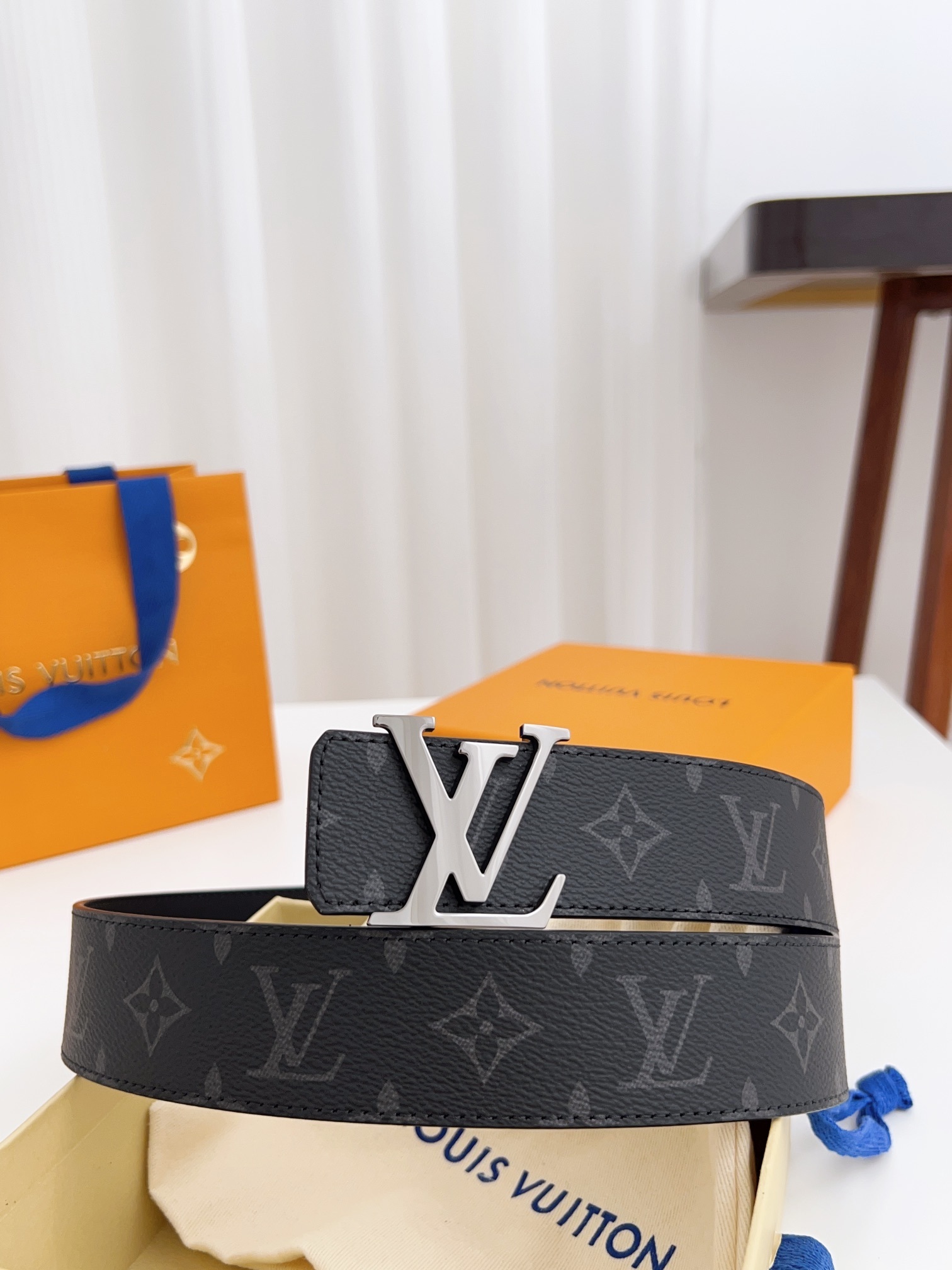 LV Initiales 40mm Monogram Eclipse Men's Belt with Silver Buckle