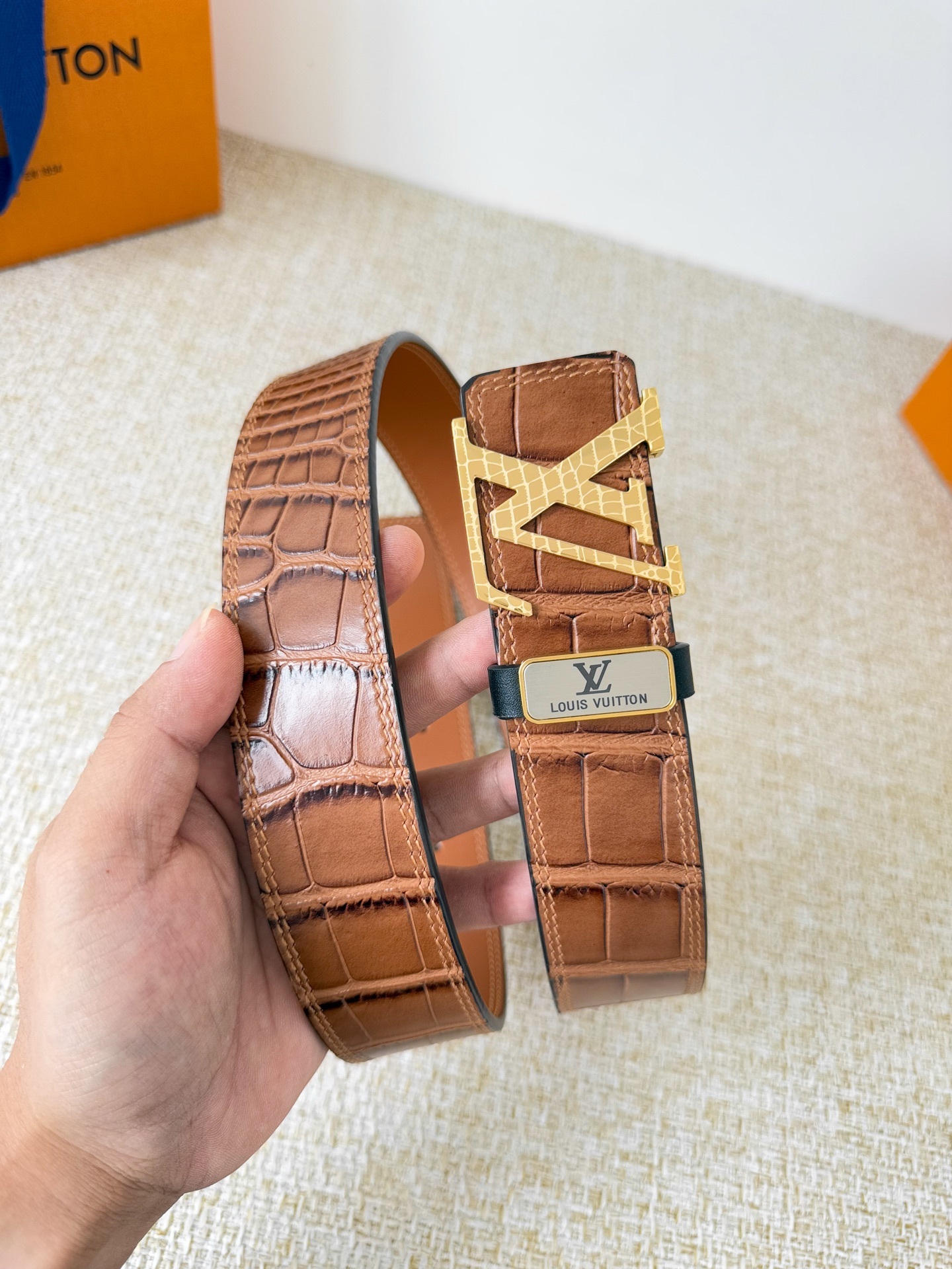 Louis Vuitton Men's Crocodile Leather Belt with Silver LV Buckle