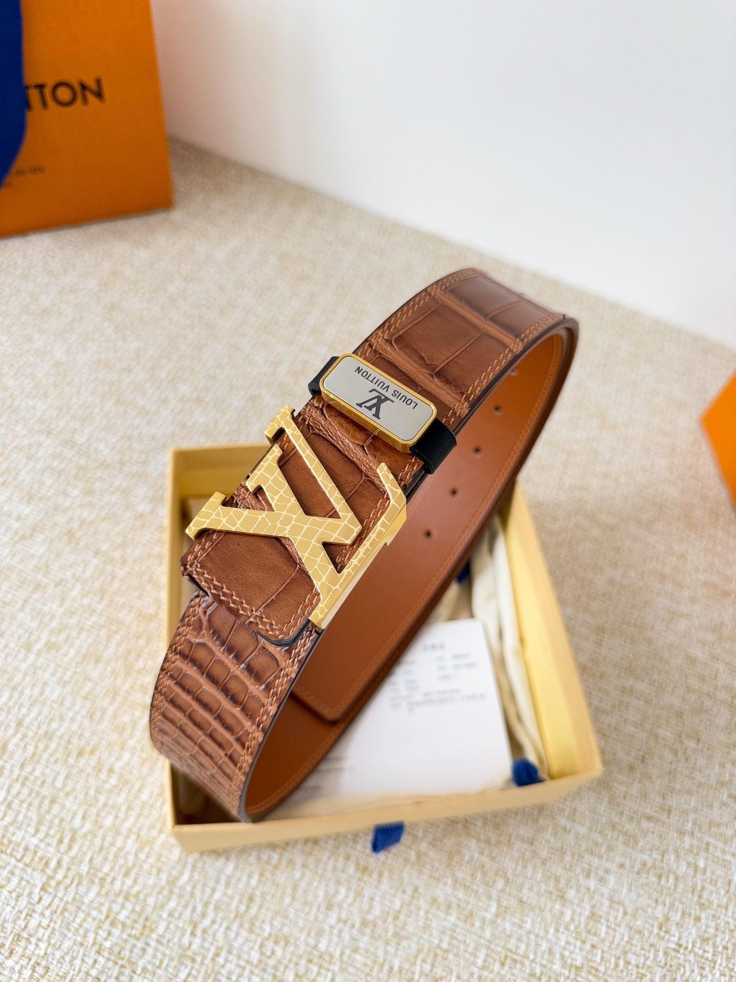 Louis Vuitton Brown Crocodile Embossed Leather Belt - Gold LV Buckle