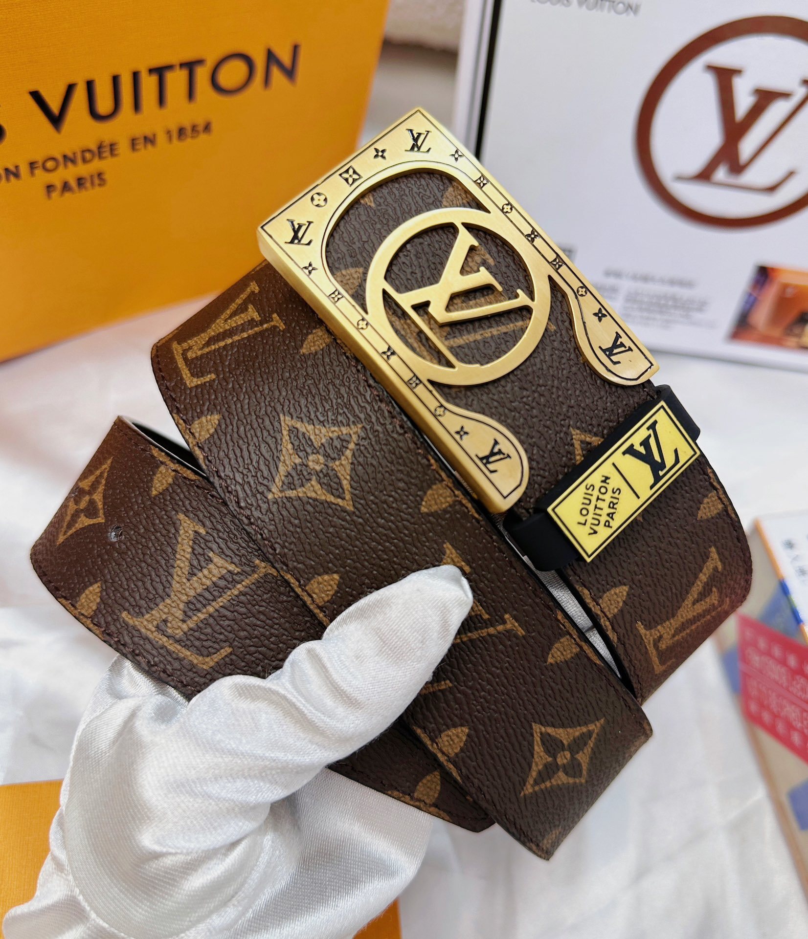 Louis Vuitton Monogram Canvas Belt with Iconic Gold Buckle