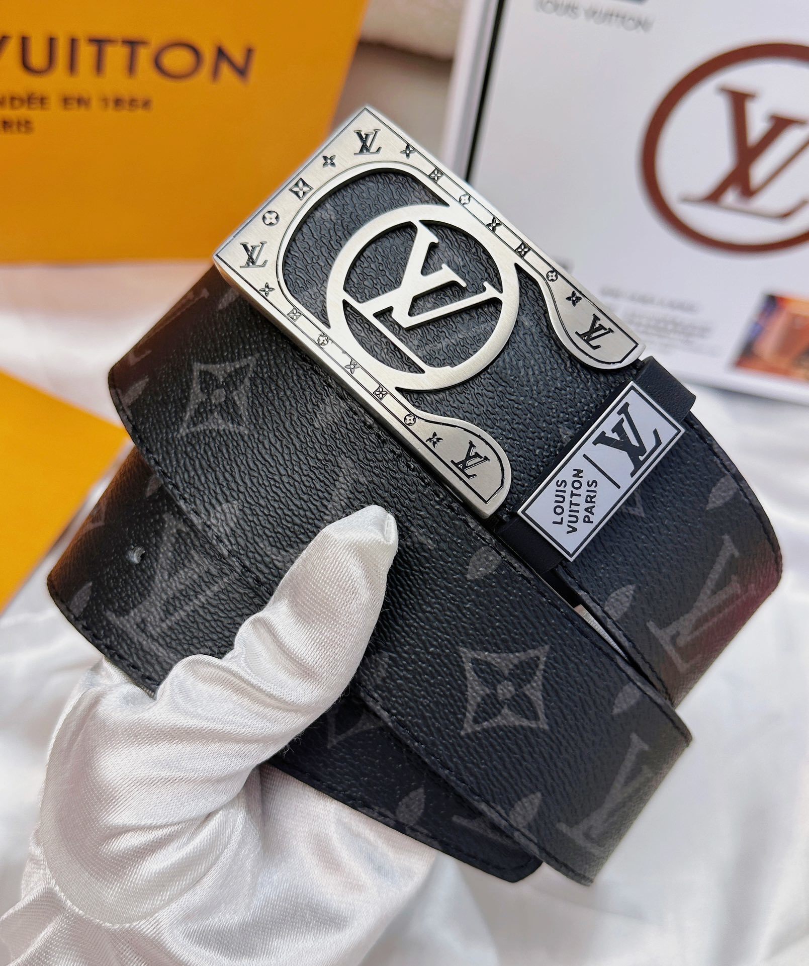 Louis Vuitton Monogram Eclipse Belt with Silver Initial Buckle