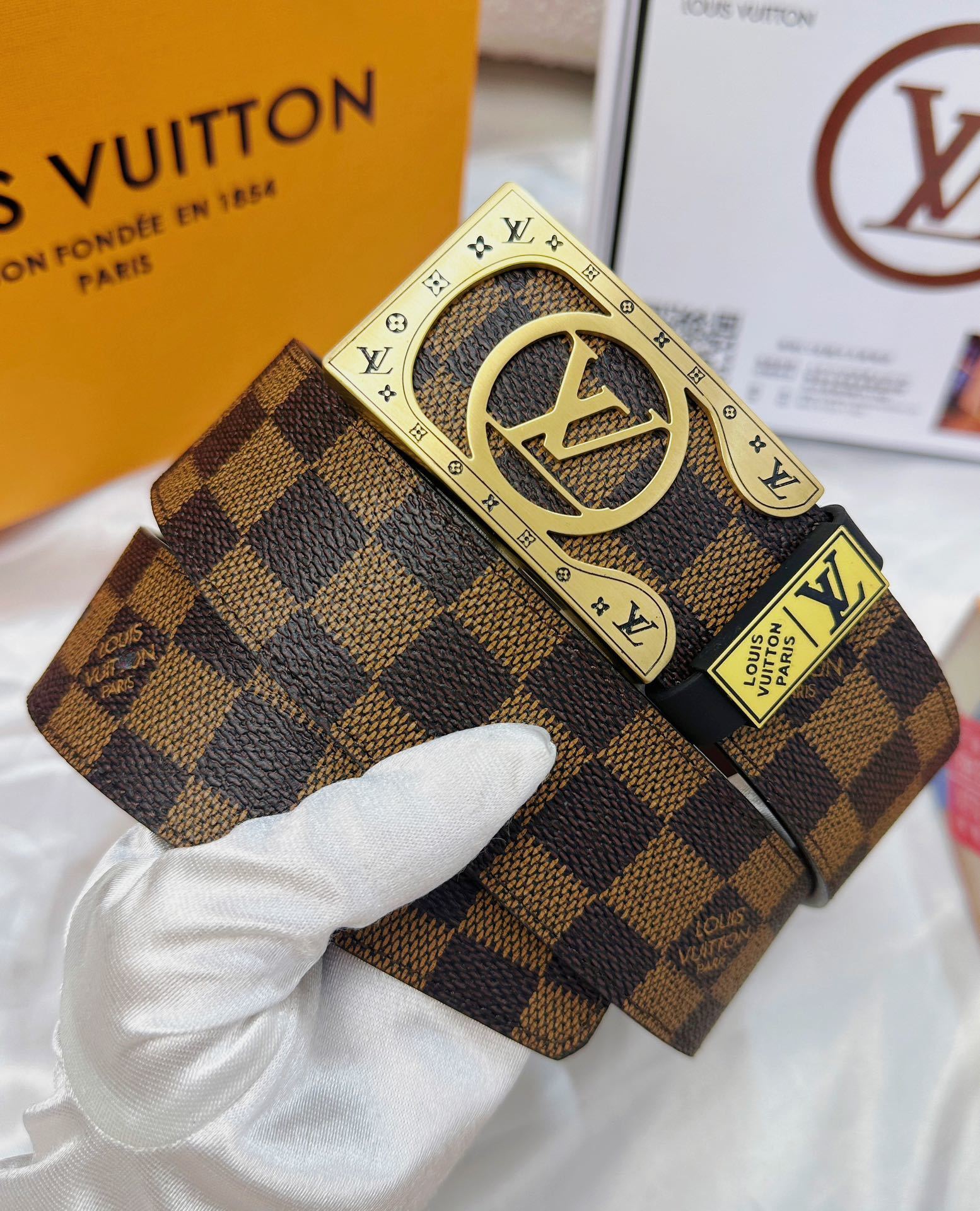Louis Vuitton Damier Ebene Men's Belt with Luxury Gold LV Buckle