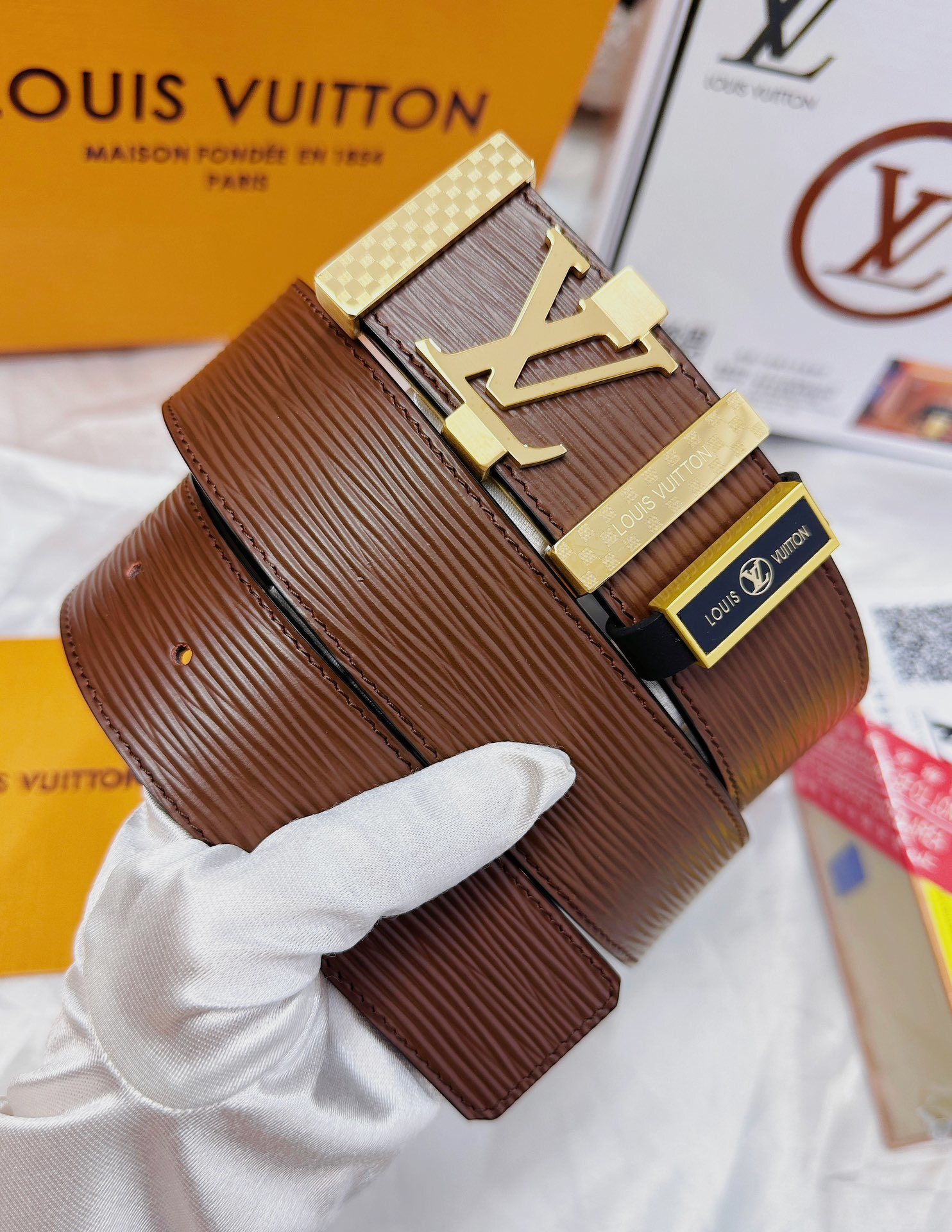 Louis Vuitton Brown Epi Leather Belt with Gold LV Initial Buckle