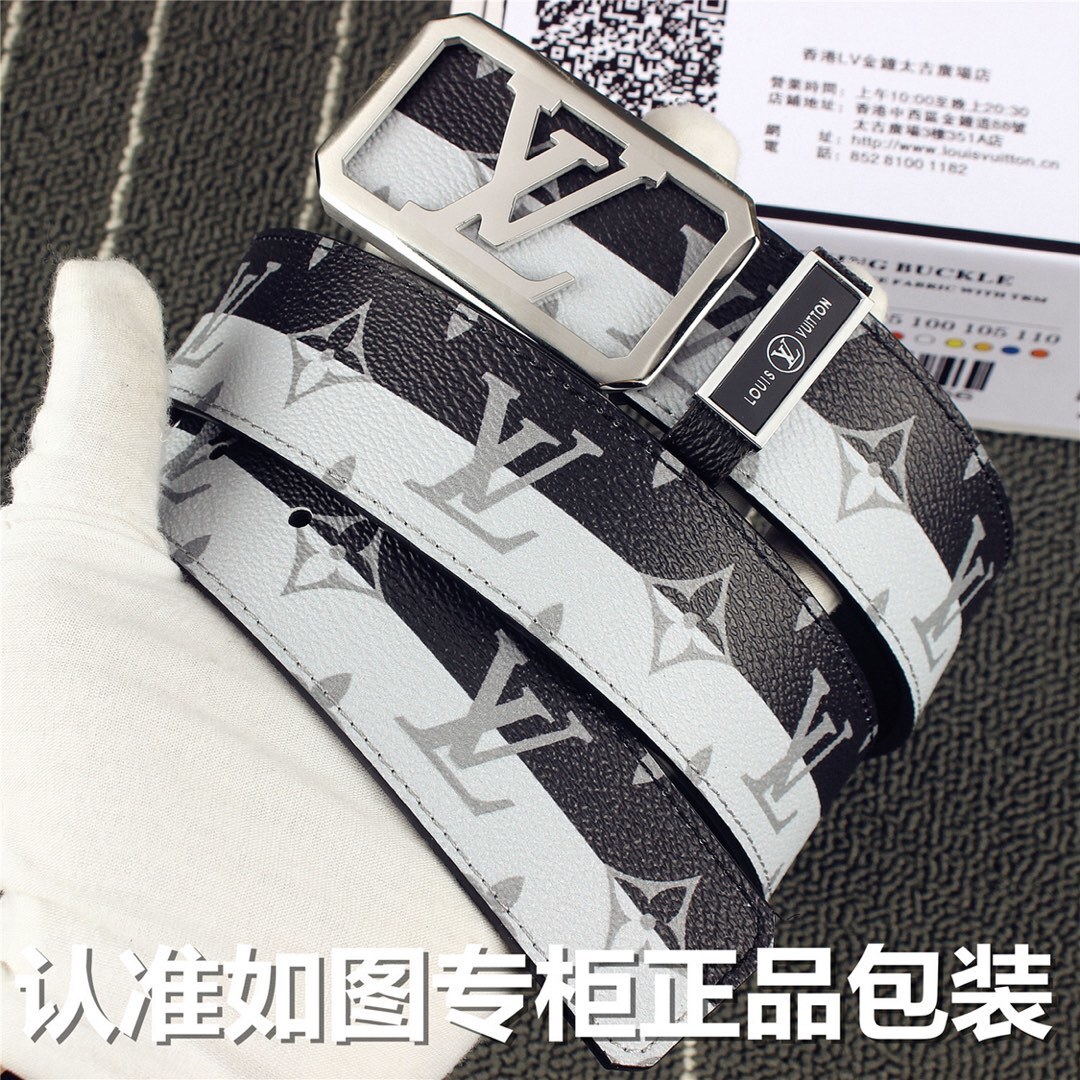 Luxury LV Monogram Leather Belt with Silver Interlocking Buckle