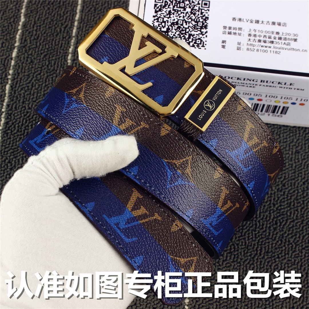 Luxury LV Men's Monogram Leather Belt - Brown & Blue Gold Buckle