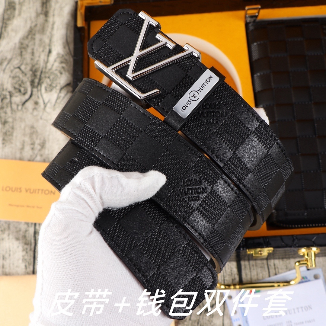 Men's Luxury Black Checkered Leather Belt & Long Wallet Gift Set