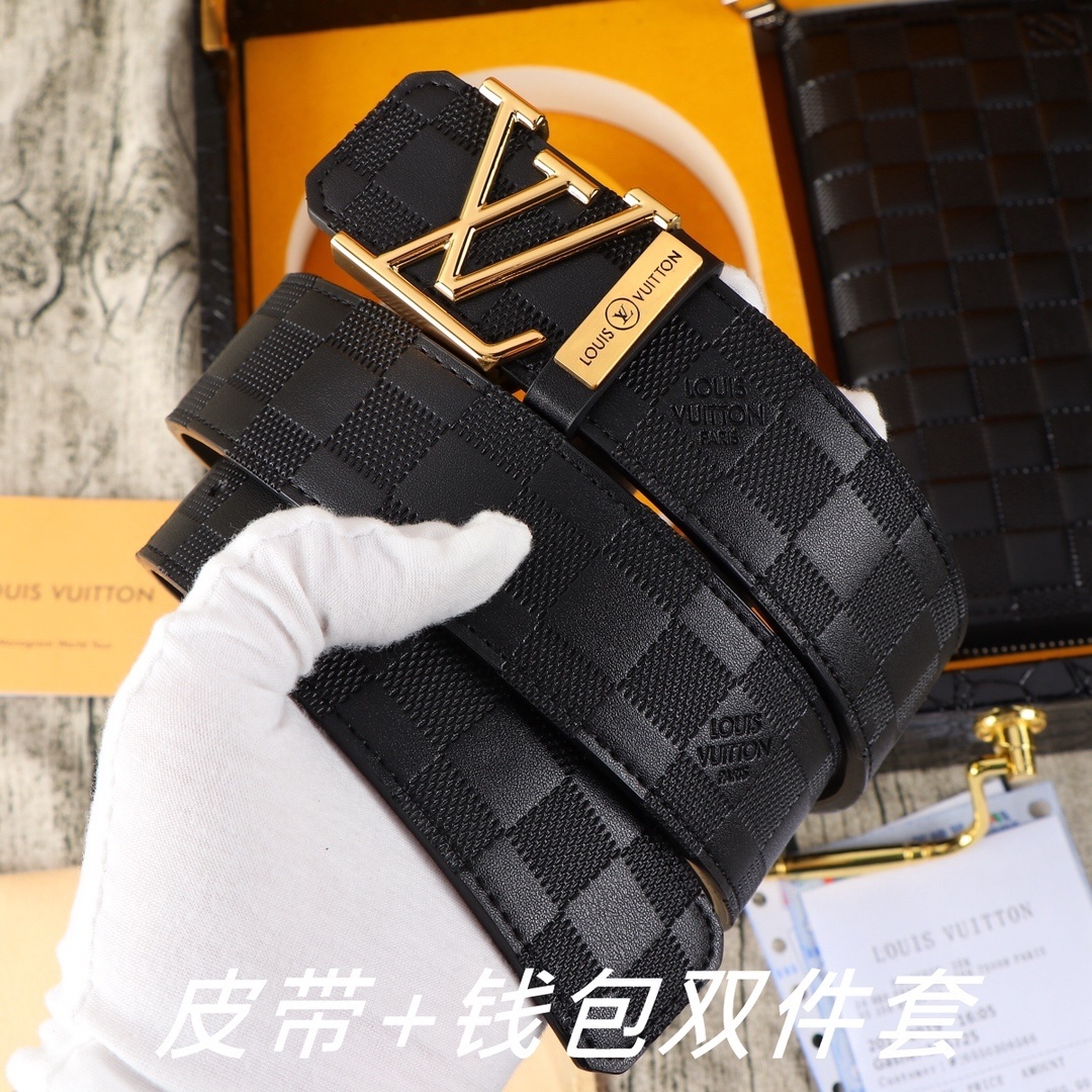 LV Men's Damier Infini Leather Belt & Long Wallet Set - Black